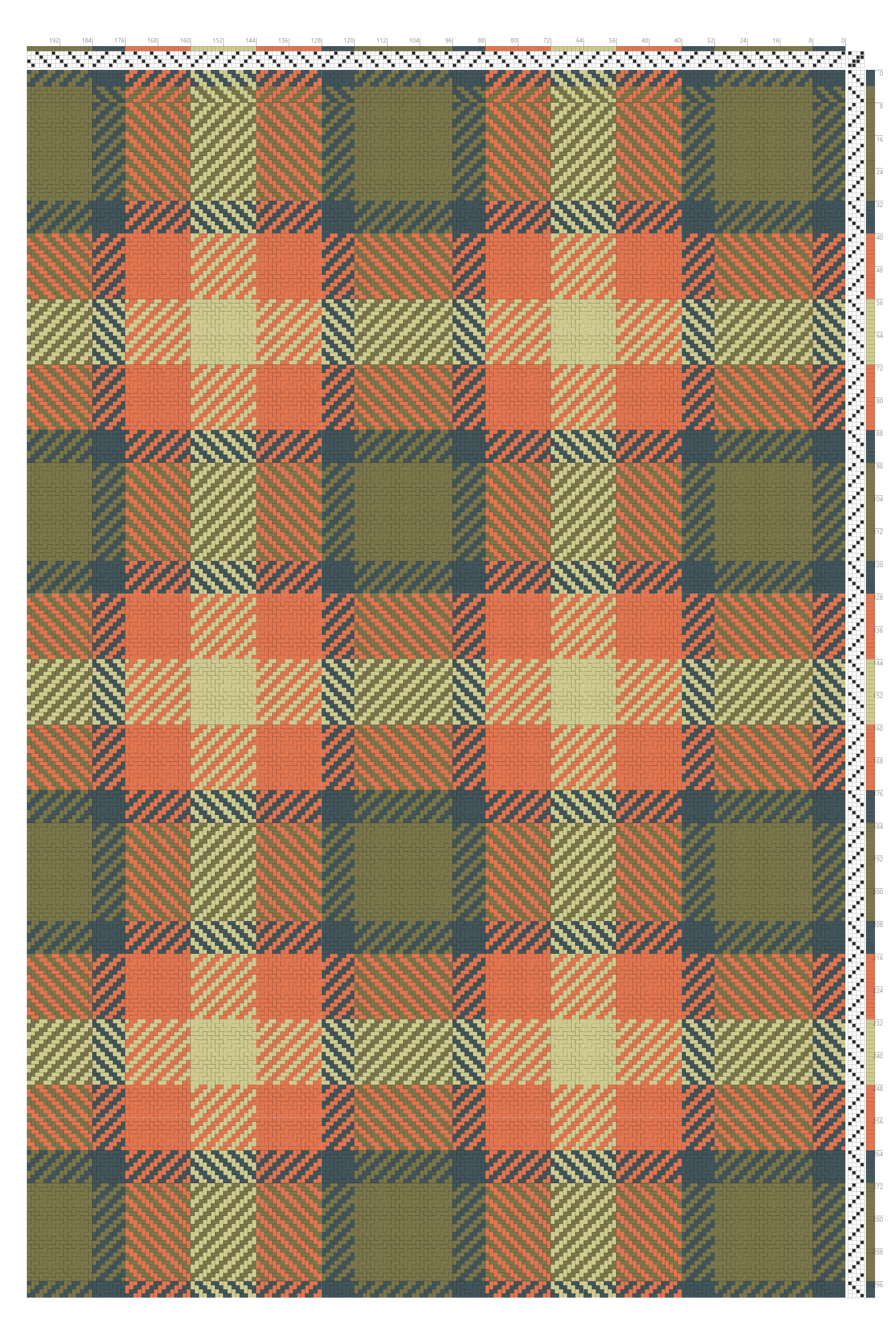 Autumn Tartan Turned Twill Weaving Draft in Rust, Olive & Teal | 4-Shaft 4-Treadle Loom Pattern
