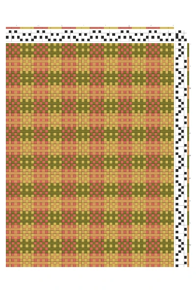 Huck Lace Block Weaving Draft in Coral, Olive & Peach | 4-Shaft 4-Treadle Dobby Loom Pattern