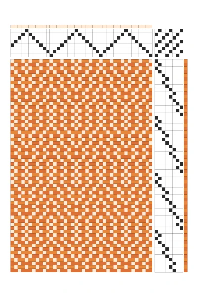 Retro Feathered Zigzag Twill Weaving Draft in Tangerine & Cream | 8-Shaft Dobby Pattern