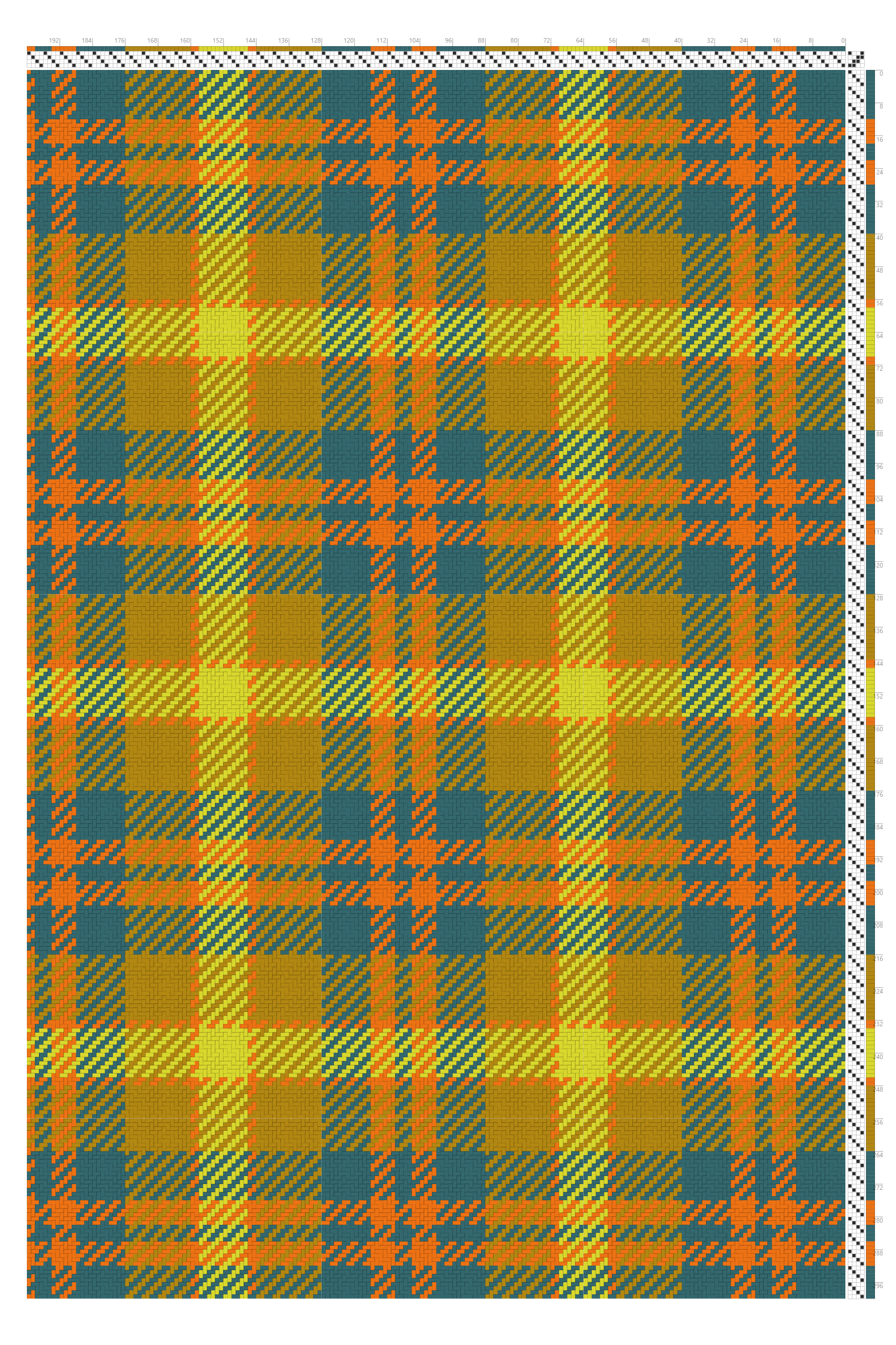 Tartan Plaid 2/2 Twill Draft in Harvest Gold, Tangerine & Teal | 4-Shaft 4-Treadle Loom Pattern