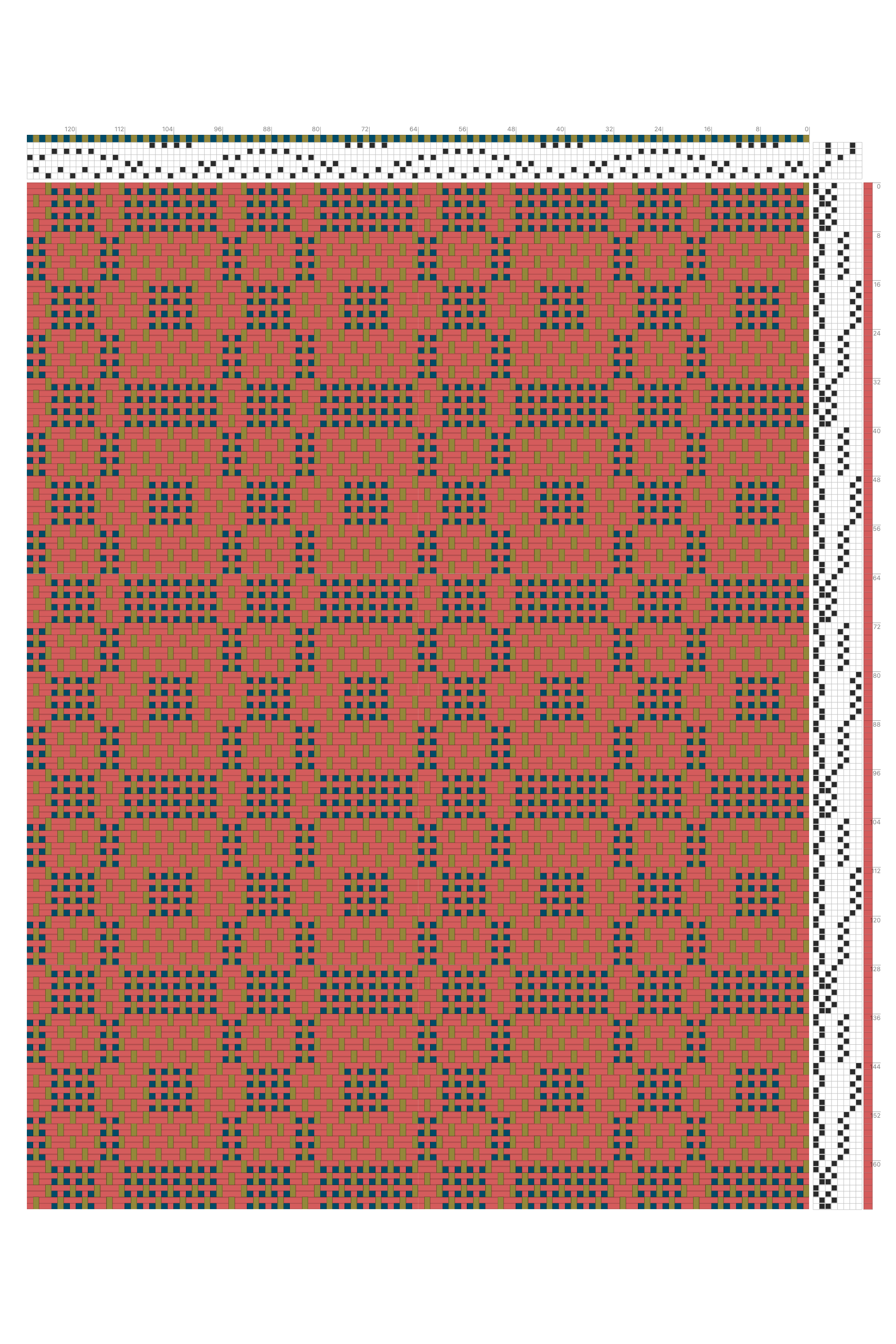 Taquete X's and O's Weaving Draft in Coral, Teal & Olive | 6-Shaft 8-Treadle Loom Pattern