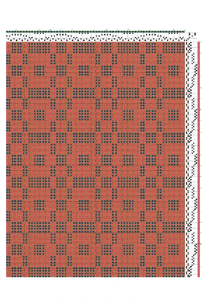 Taquete X's and O's Weaving Draft in Coral, Teal & Olive | 6-Shaft 8-Treadle Loom Pattern