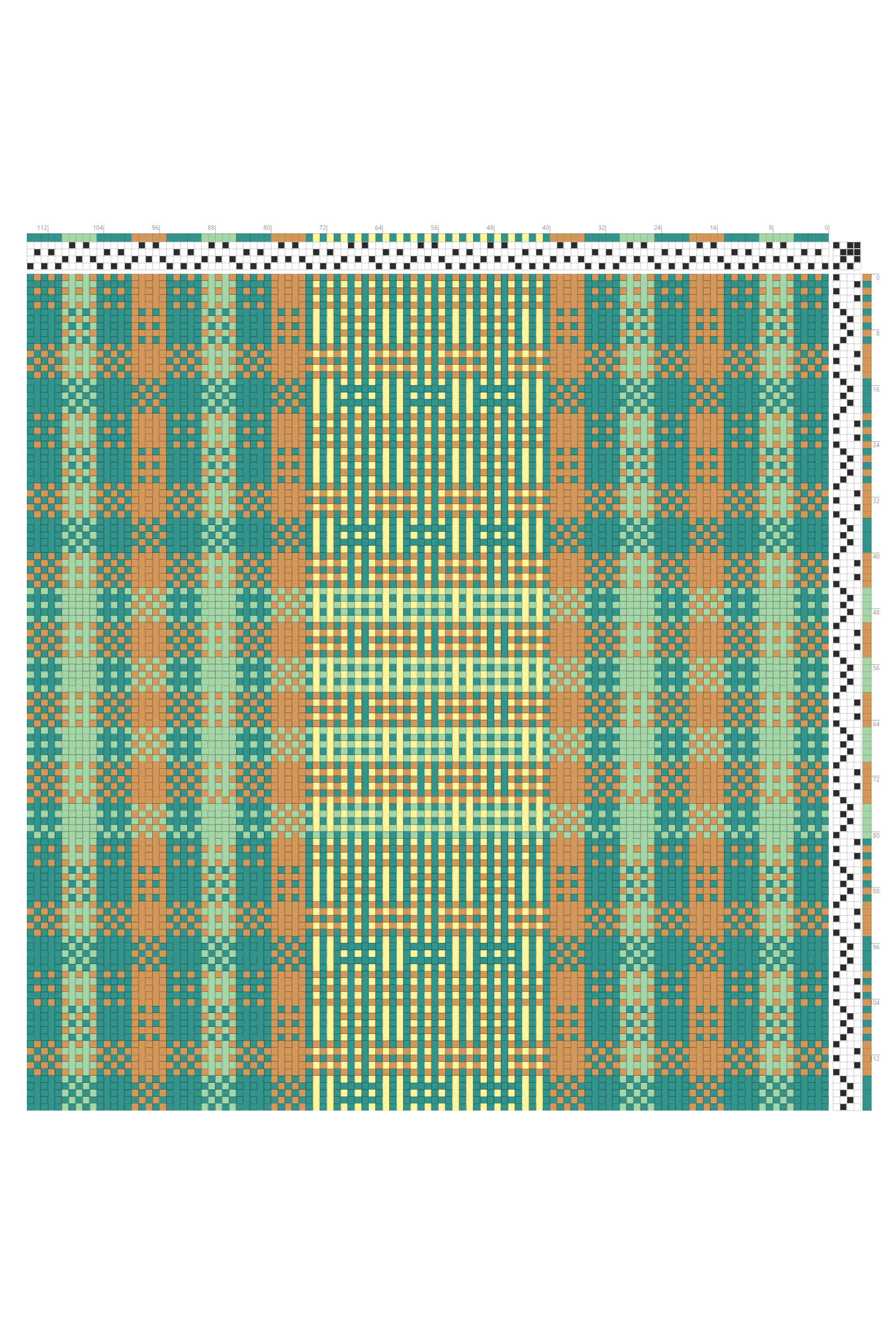 Huck Lace Plaid Weaving Draft in Teal, Orange, Mint & Lemon | 4-Shaft 4-Treadle Dobby Loom Pattern