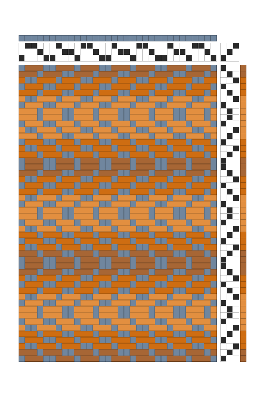 Retro Dark Band Waves Weaving Draft in Rust, Umber & Slate Blue | 3-Shaft Dobby Pattern