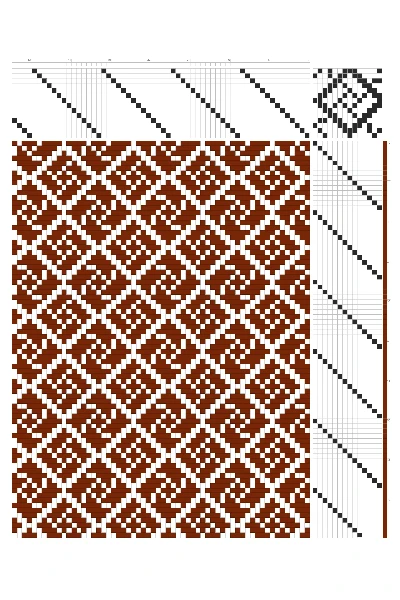 Swirled Brick Tile Diamond Grid Weaving Draft in Sienna & White | 14-Shaft 14-Treadle Loom Pattern