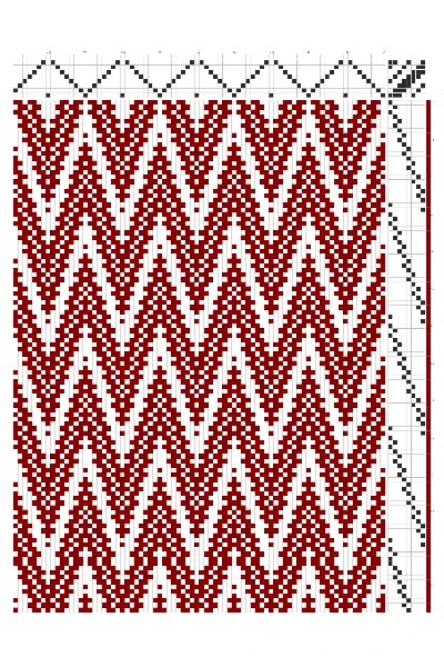 Fuzzy Chevron Rosepath Weaving Draft in Crimson & White | 8-Shaft 8-Treadle Loom Pattern