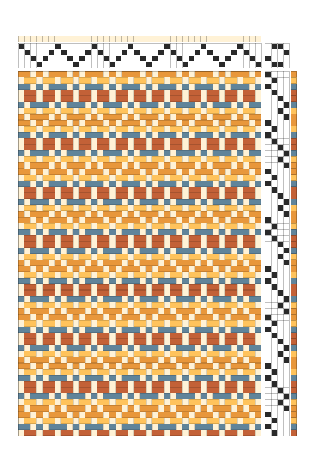 Retro Cat's Tracks Twill Weaving Draft in Sunset, Rust, & Slate Blue | 4-Shaft Dobby Pattern