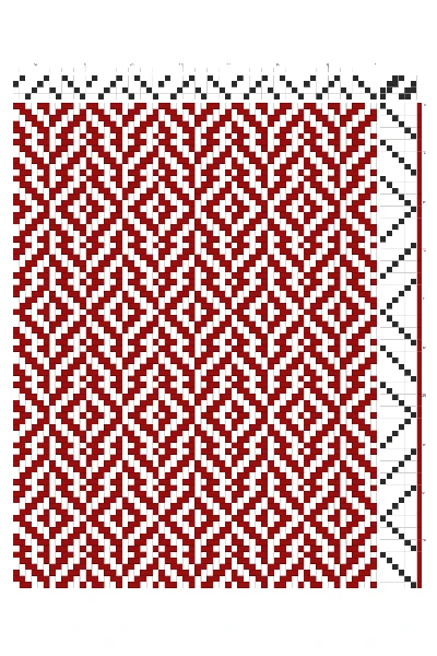 Jagged Nested Diamond Weaving Draft in Crimson & White | 4-Shaft 6-Treadle Loom Pattern