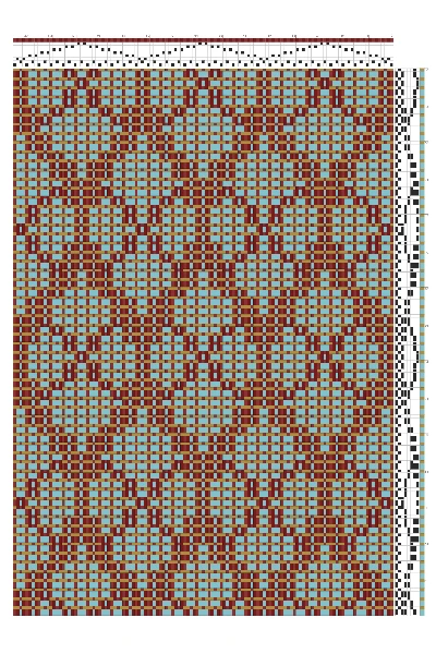 Rosette Diamond Summer & Winter Weaving Draft in Crimson, Powder Blue & Ochre | 8-Shaft 8-Treadle