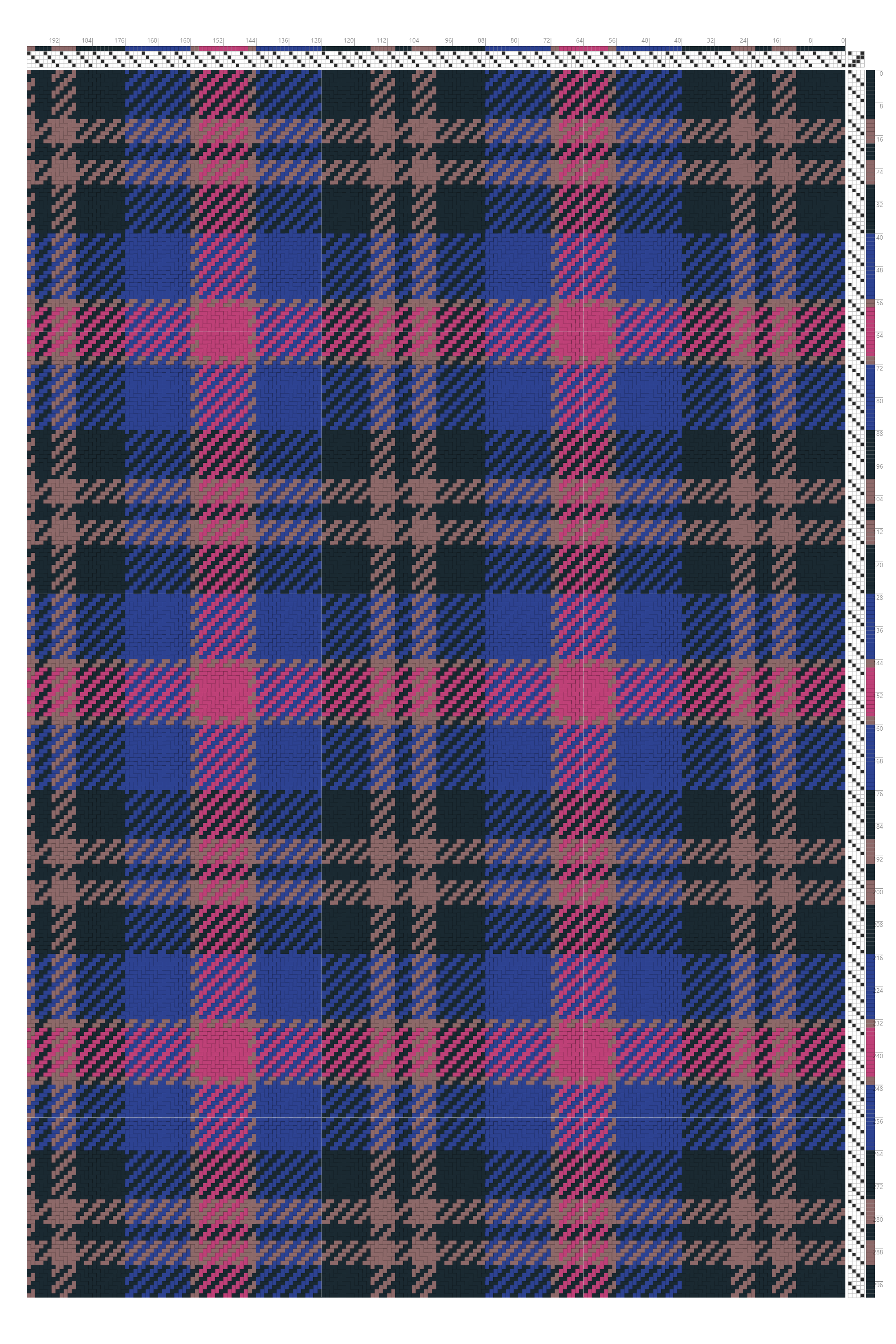 Bold Tartan Weaving Draft in Cobalt, Fuchsia & Midnight Mocha | 4-Shaft 4-Treadle Loom Pattern