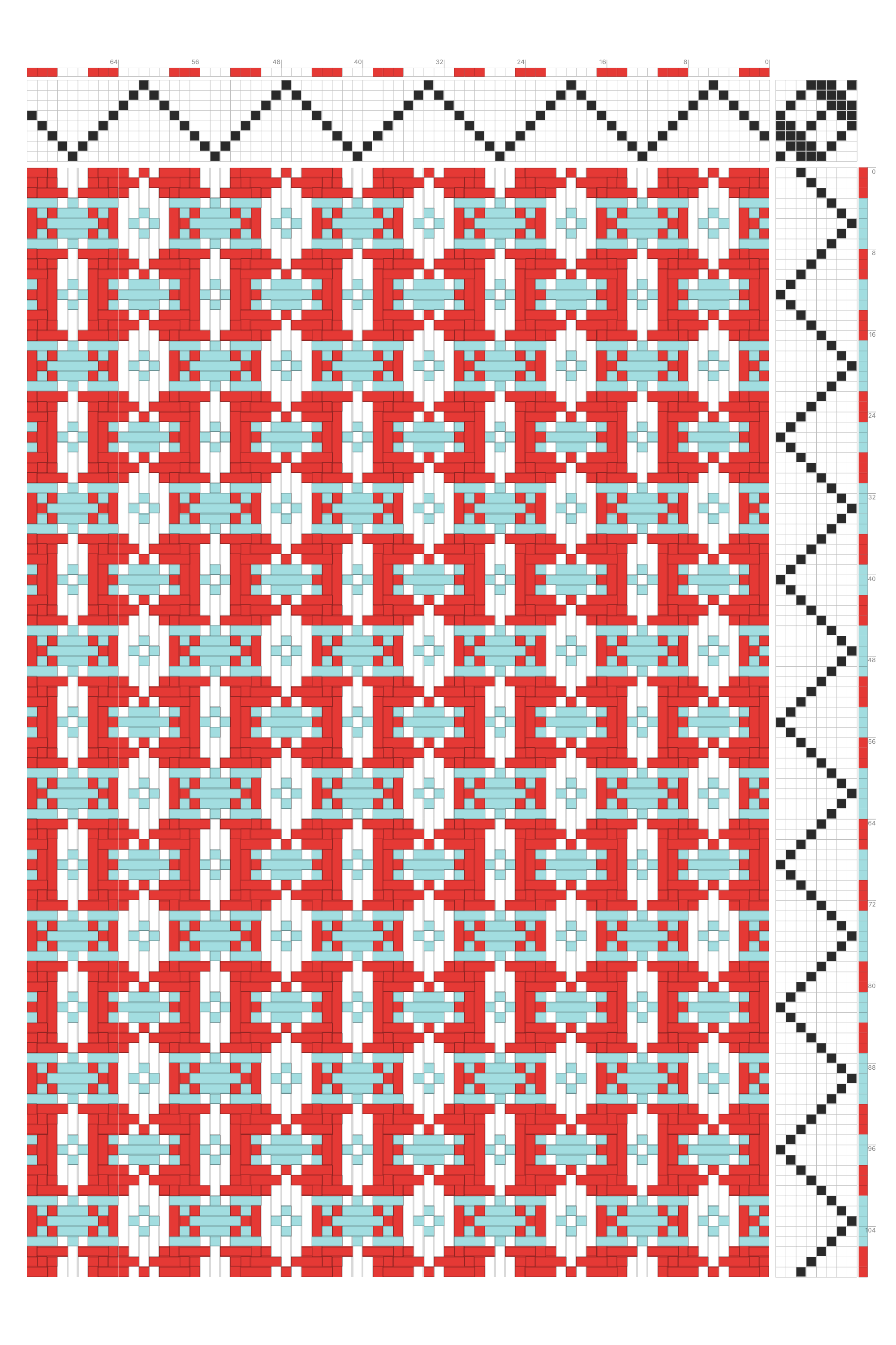 Folk Banded Point Twill Weaving Draft in Scarlet & Aqua | 8-Shaft 8-Treadle Loom Pattern