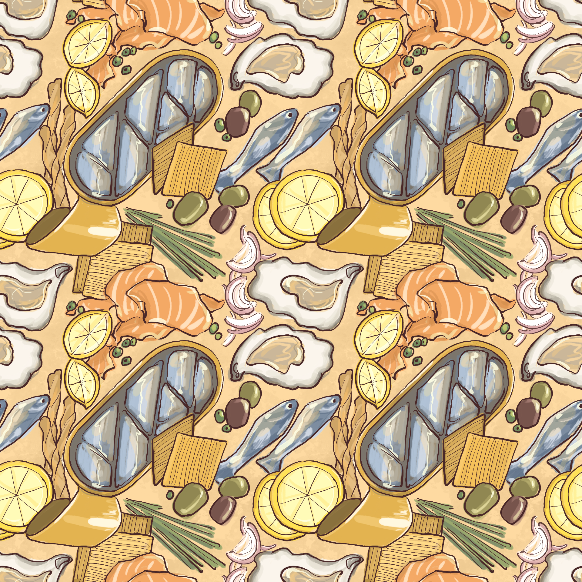 Seamless Seafood Charcuterie Pattern