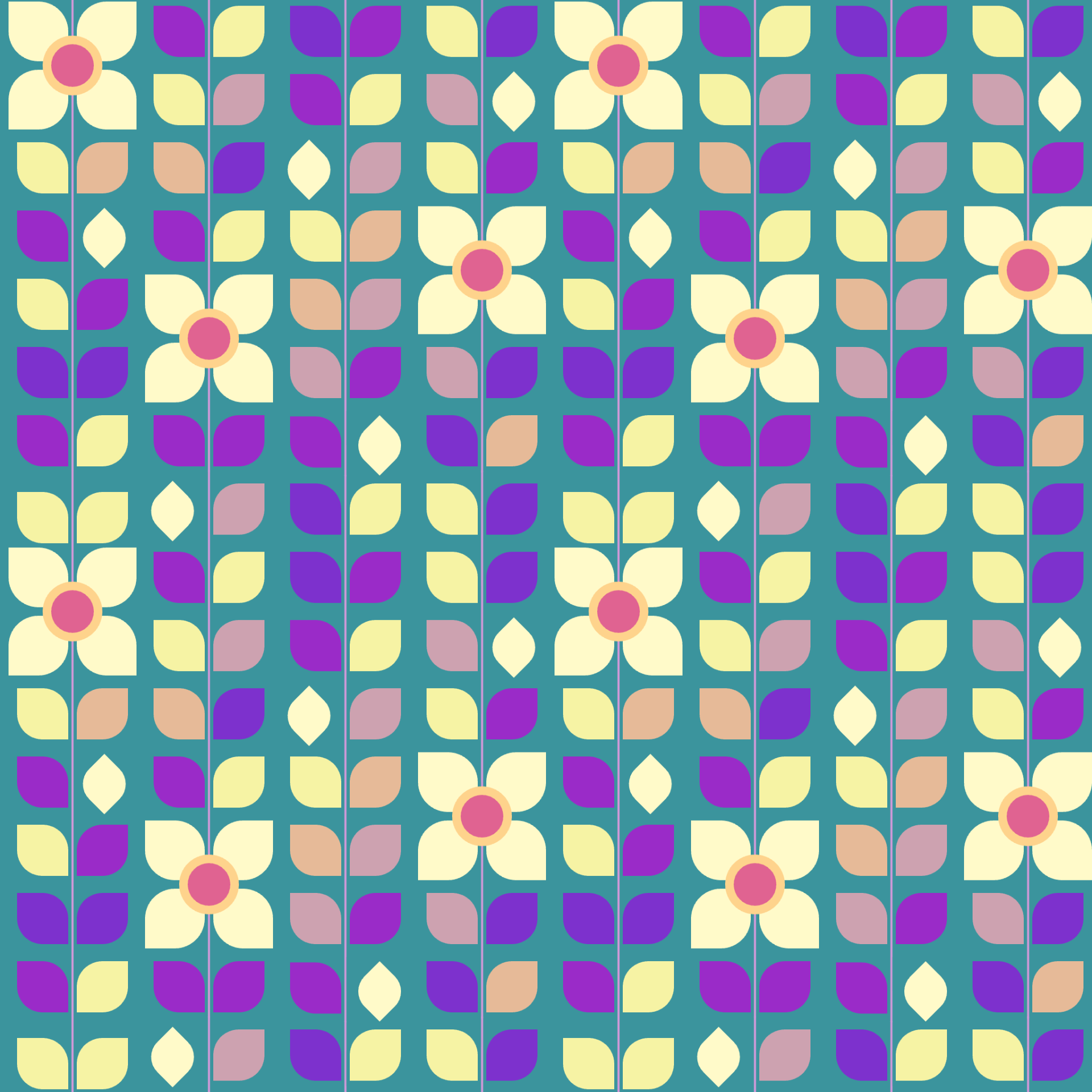 Retro Geometric Daisy Garden Seamless Pattern in Teal & Violet | Free Geometric Surface Design