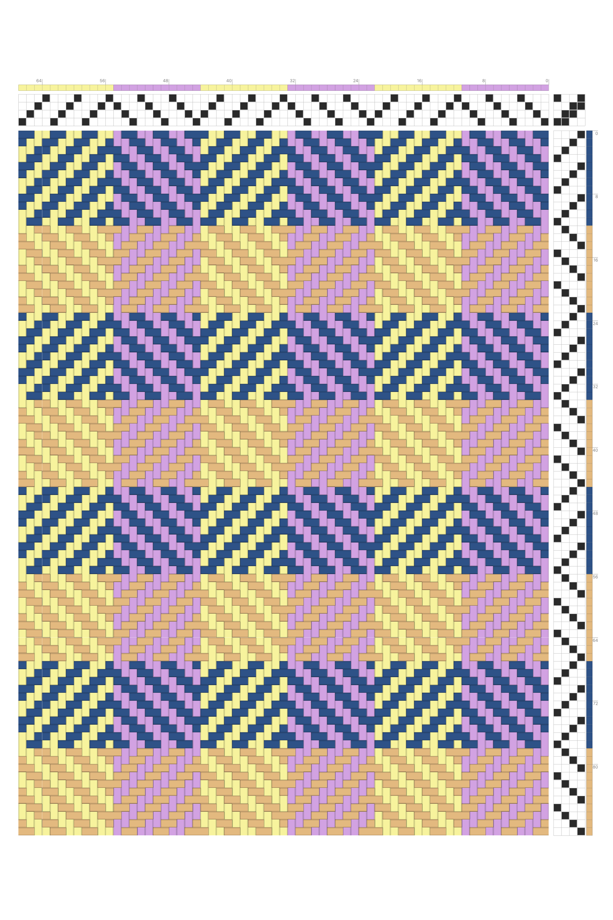 Chevron Diamond Turned Twill Weaving Draft in Lemon, Navy, & Lilac | 4-Shaft 4-Treadle Loom Pattern
