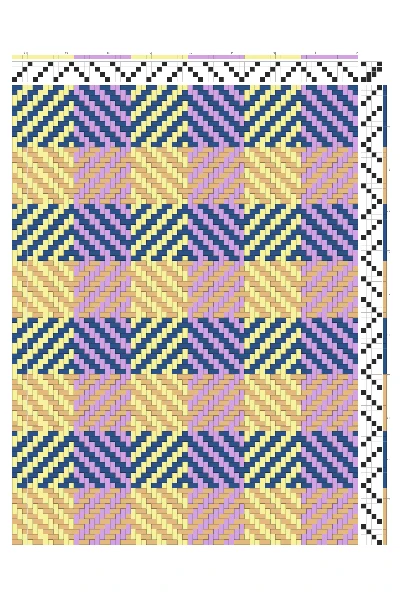 Chevron Diamond Turned Twill Weaving Draft in Lemon, Navy, & Lilac | 4-Shaft 4-Treadle Loom Pattern