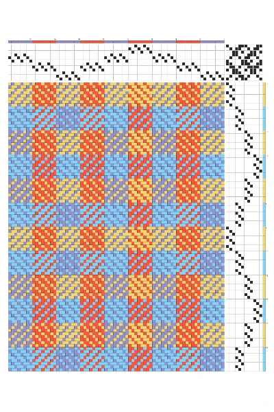 Turned Twill Color Block Draft in Vermillion, Blue, & Gold | 12-Shaft 12-Treadle Dobby Loom Pattern