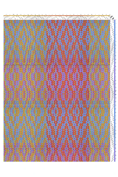Rainbow Network Irregular Ogee Weaving Draft in Sky Blue, Crimson & Chartreuse | 8-Shaft 8-Treadle