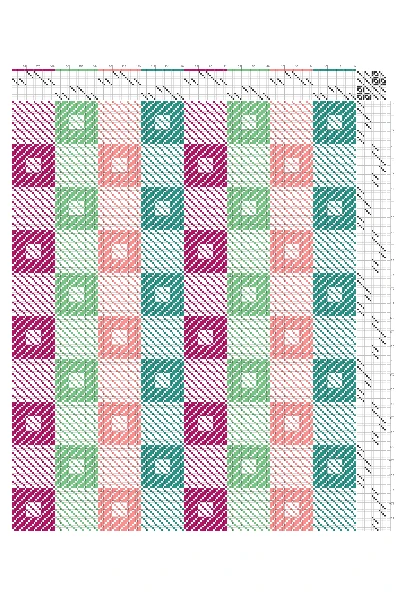 Turned Twill Nested Checkers Draft in Berry, Mint & Teal | 16-Shaft 16-Treadle Dobby Loom Pat