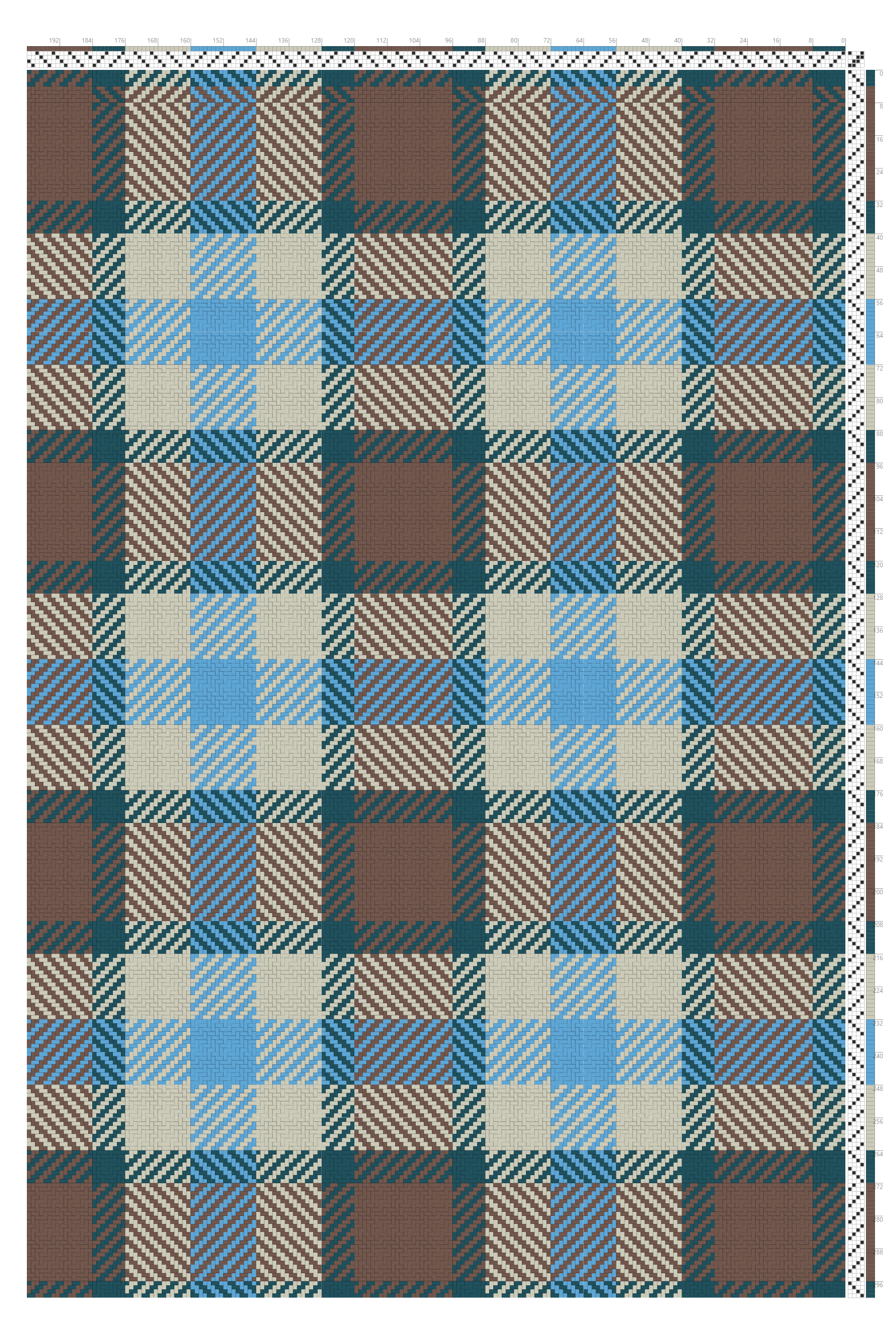 Highland Tartan Turned Twill Weaving Draft in Teal, Walnut & Grey Sky | 4-Shaft 4-Treadle Pattern