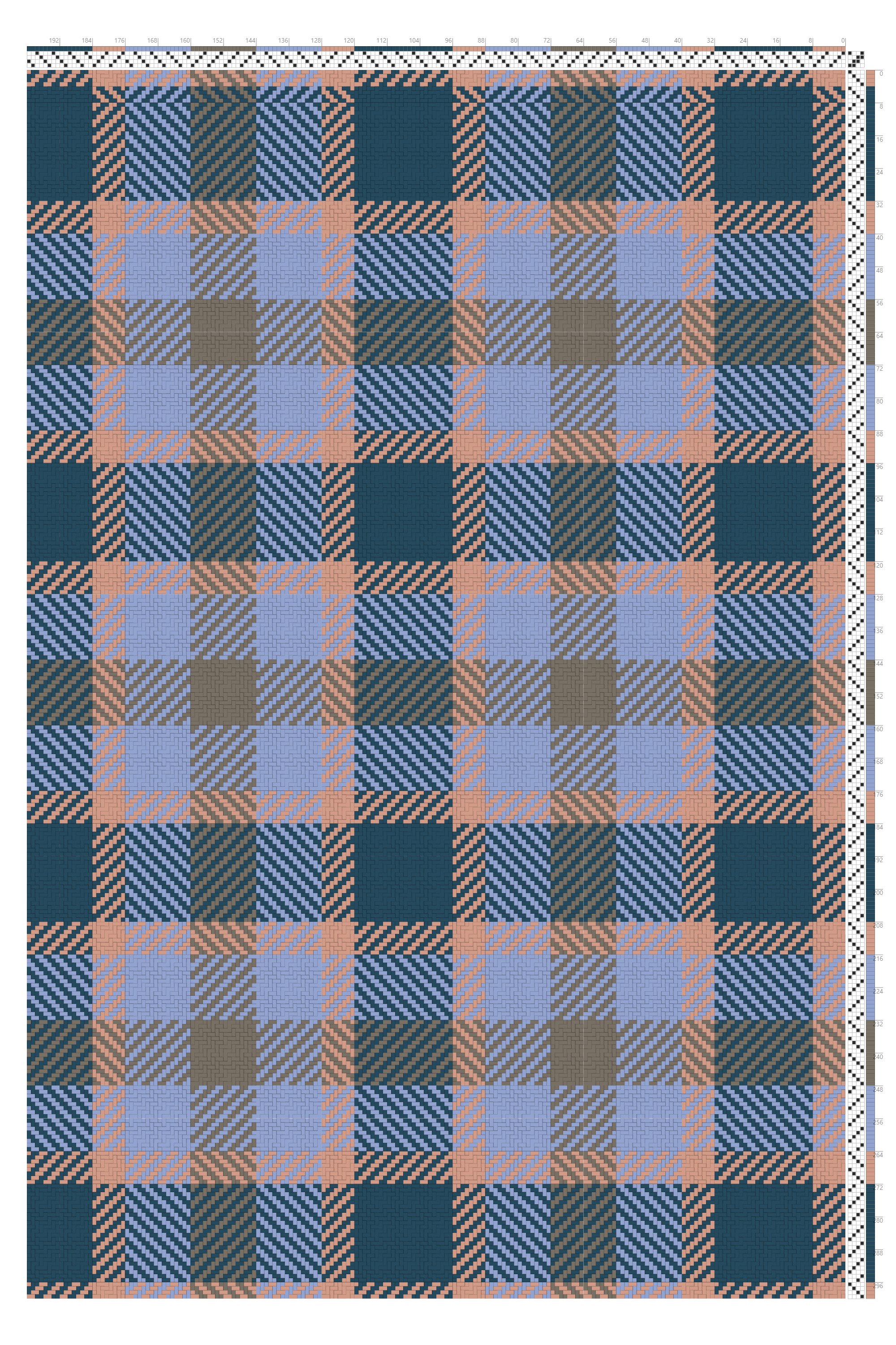 Turned Twill Tartan Weaving Draft in Deep Teal, Periwinkle & Clay | 4-Shaft 4-Treadle Loom Pattern