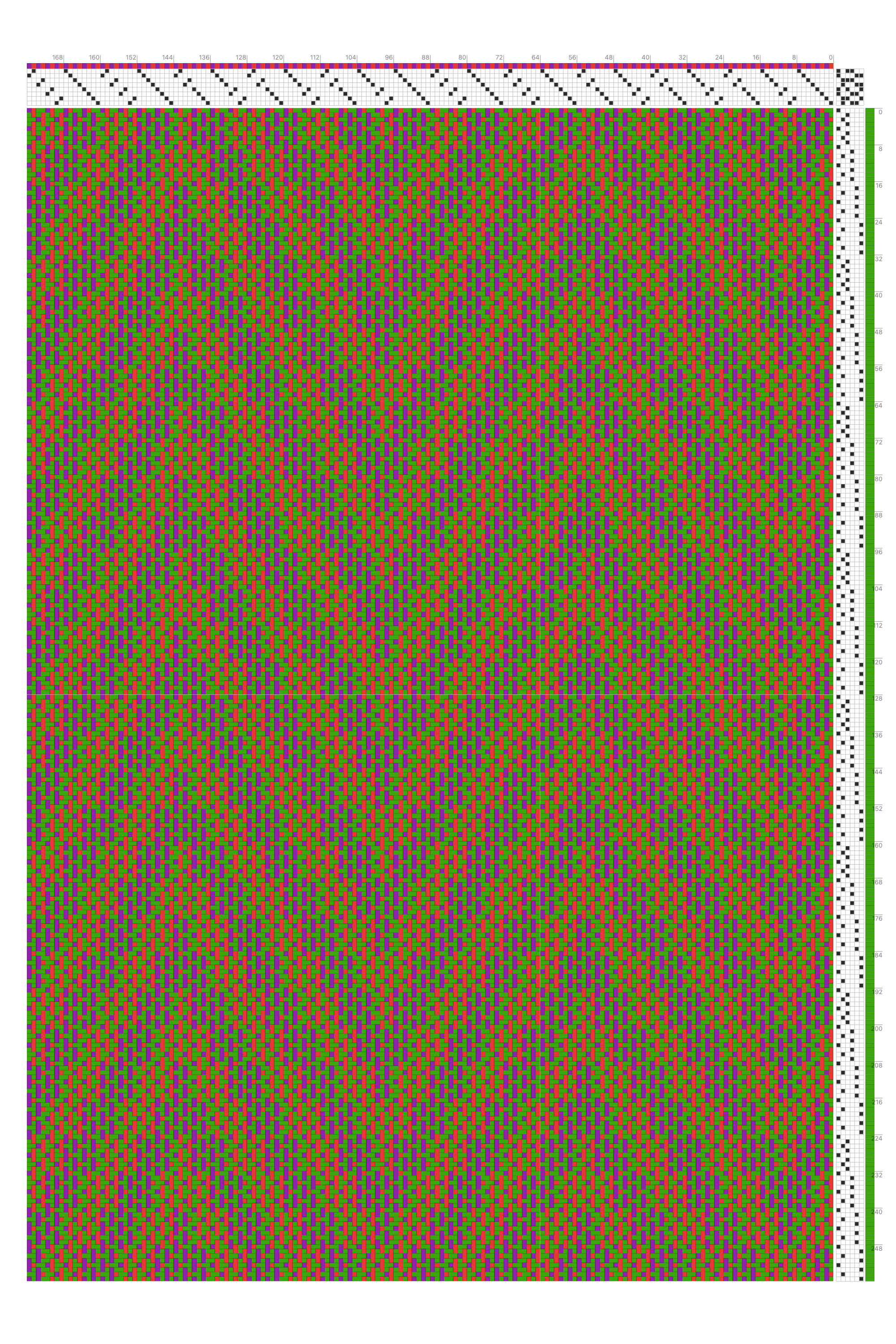 Optical Chevron Turned Taquete Weaving Draft in Red, Grass & Purple | 8-Shaft 6-Treadle Loom Pattern
