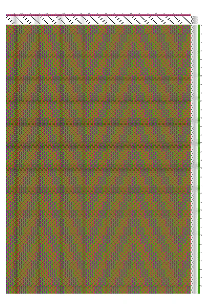 Optical Chevron Turned Taquete Weaving Draft in Red, Grass & Purple | 8-Shaft 6-Treadle Loom Pattern