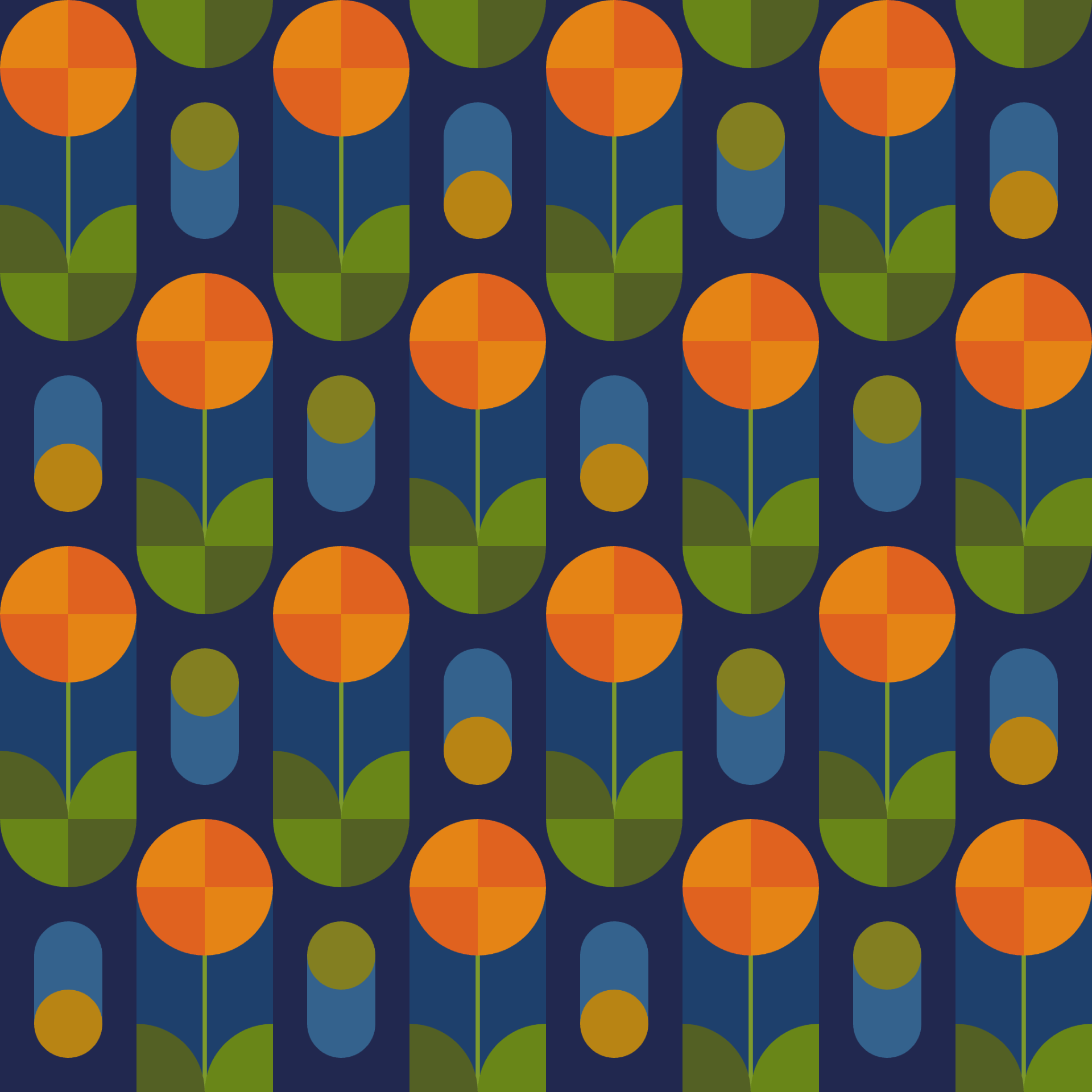 Retro Geometric Flower Garden Seamless Pattern in Navy & Orange