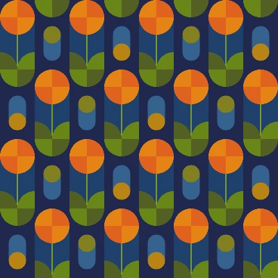 Retro Geometric Flower Garden Seamless Pattern in Navy & Orange
