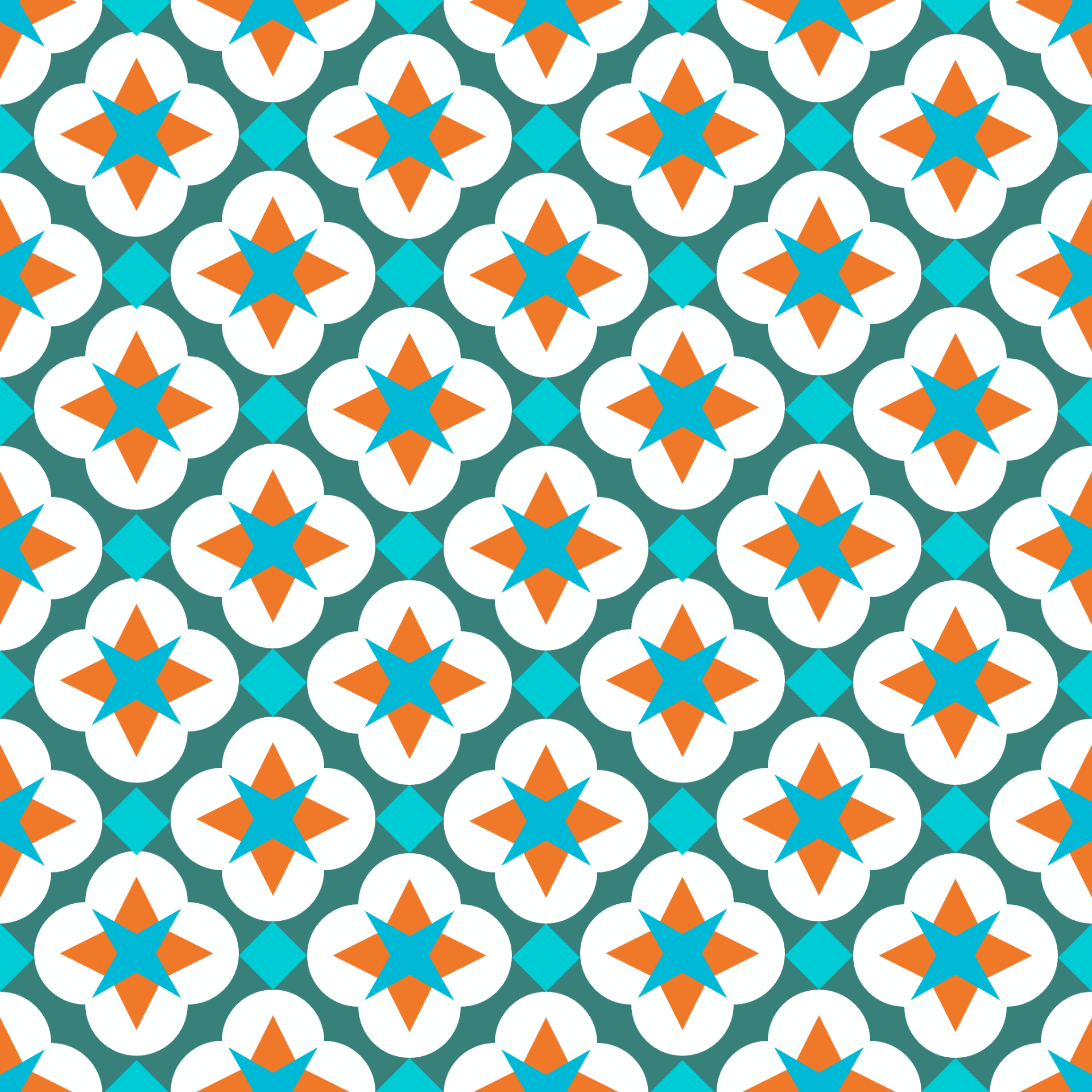 Retro Starburst Quatrefoil Seamless Pattern in Teal & Tangerine | Free Geometric Surface Design