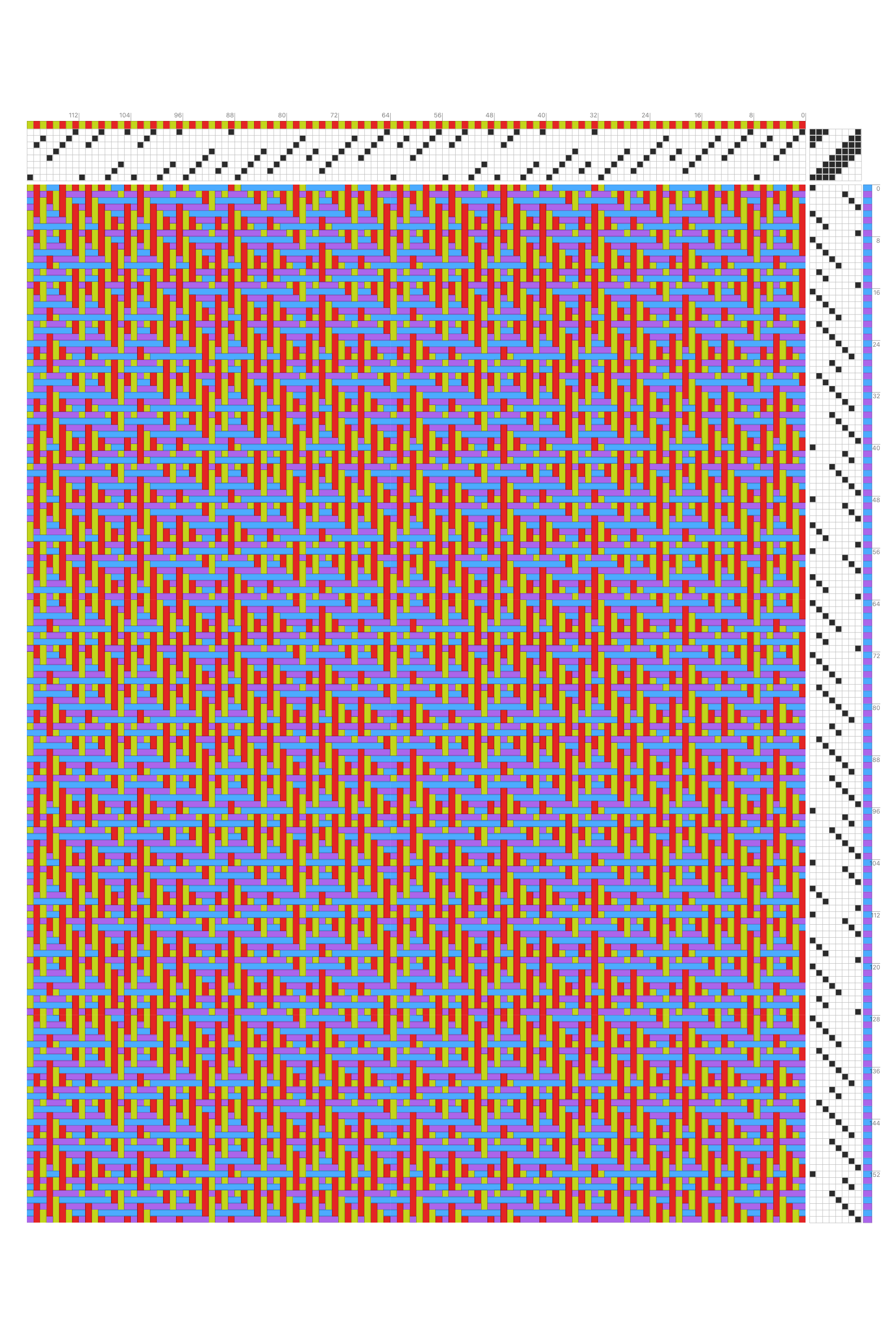 Iridescent Networked Twill Weaving Draft in Cyan, Red & Chartreuse | 8-Shaft 8-Treadle Loom Pattern