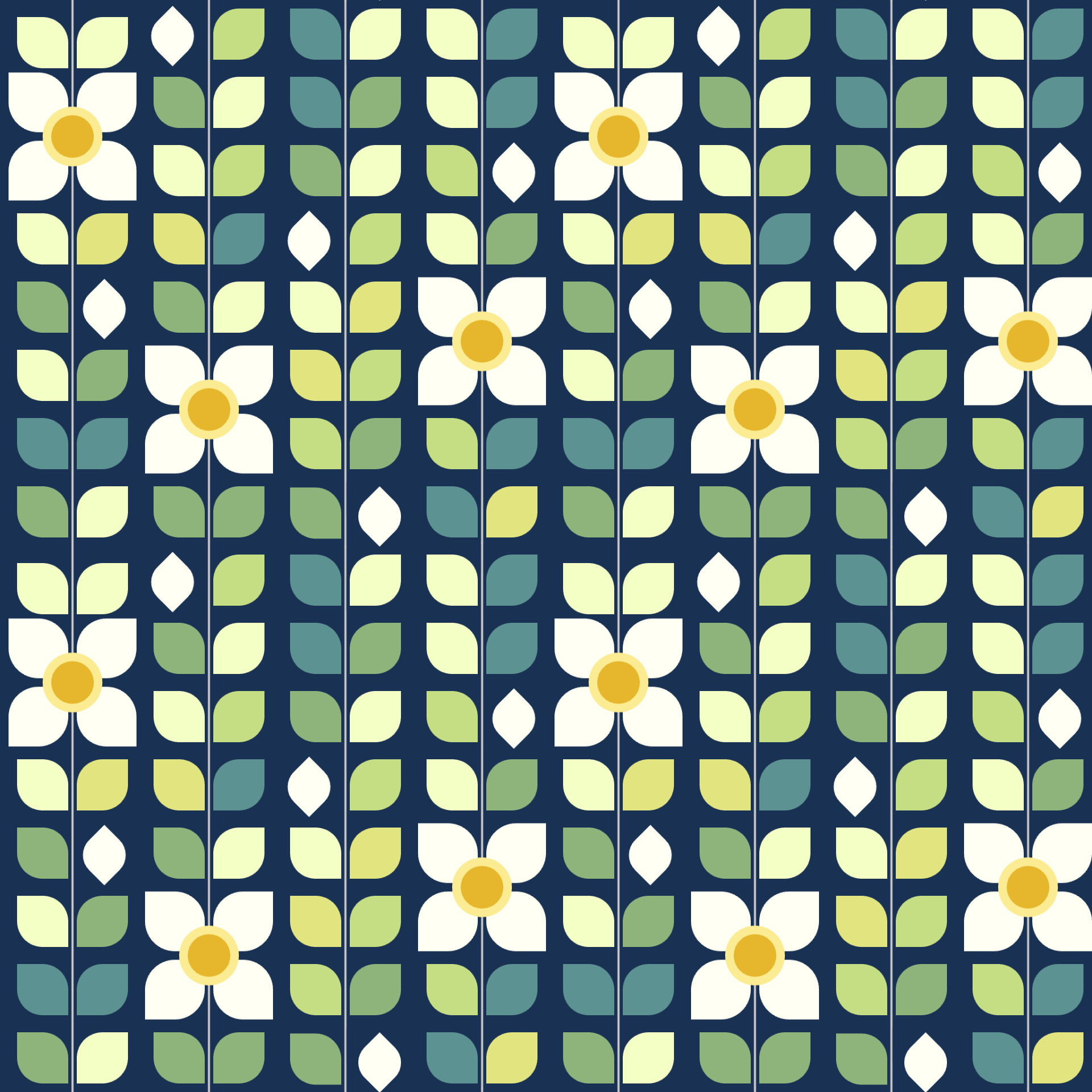 Retro Geometric Daisy Garden Seamless Pattern in Navy & Clover