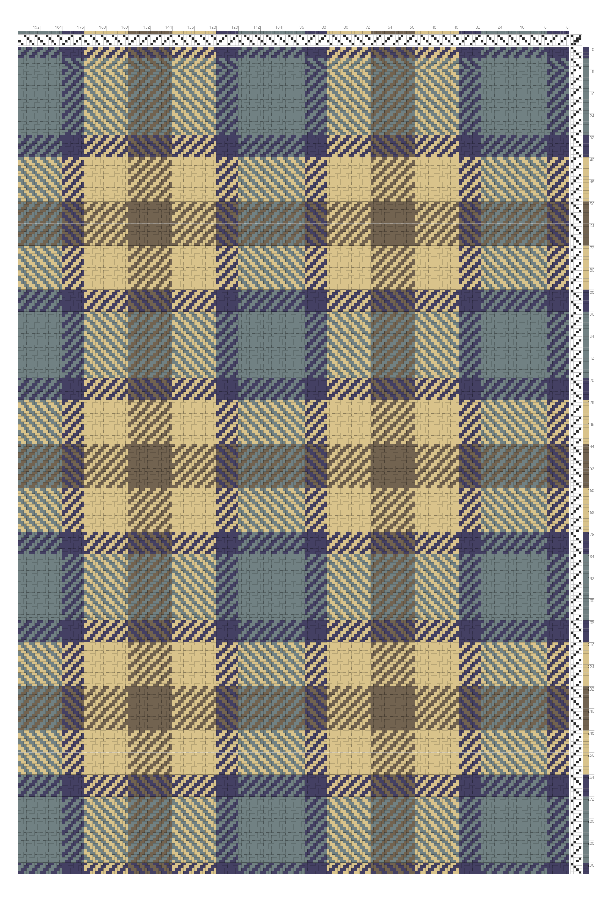 Turned Twill Tartan Weaving Draft in Slate, Indigo & Wheat | 4-Shaft 4-Treadle Loom Pattern