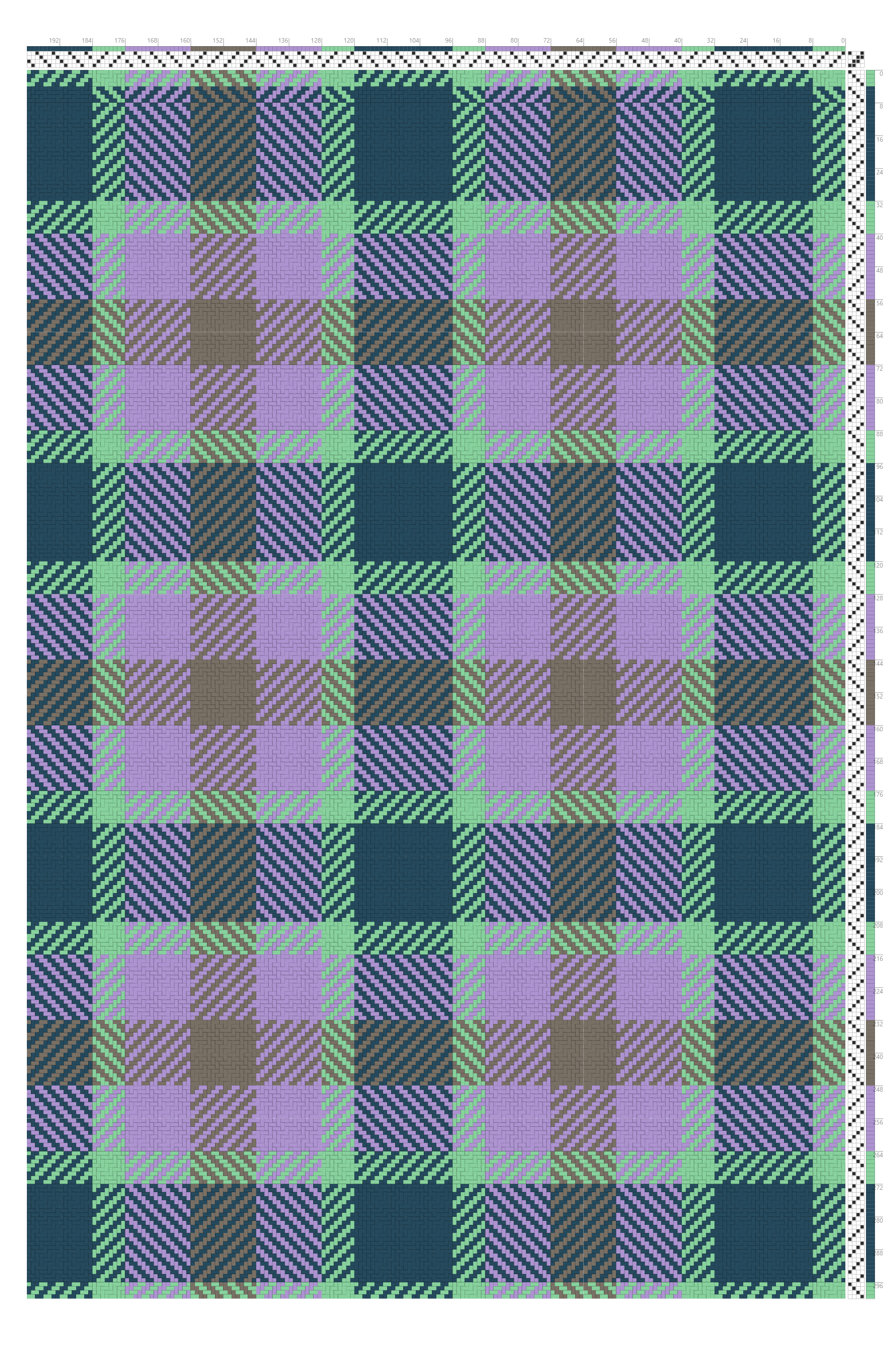 Turned Twill Tartan Weaving Draft in Teal, Wisteria & Dark Forest Green | 4-Shaft 4-Treadle Pattern