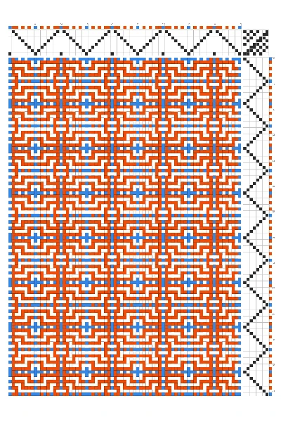 Byzantine Nested Squares Maze Weaving Draft in Red, Cornflower & White | 8-Shaft 8-Treadle Pattern