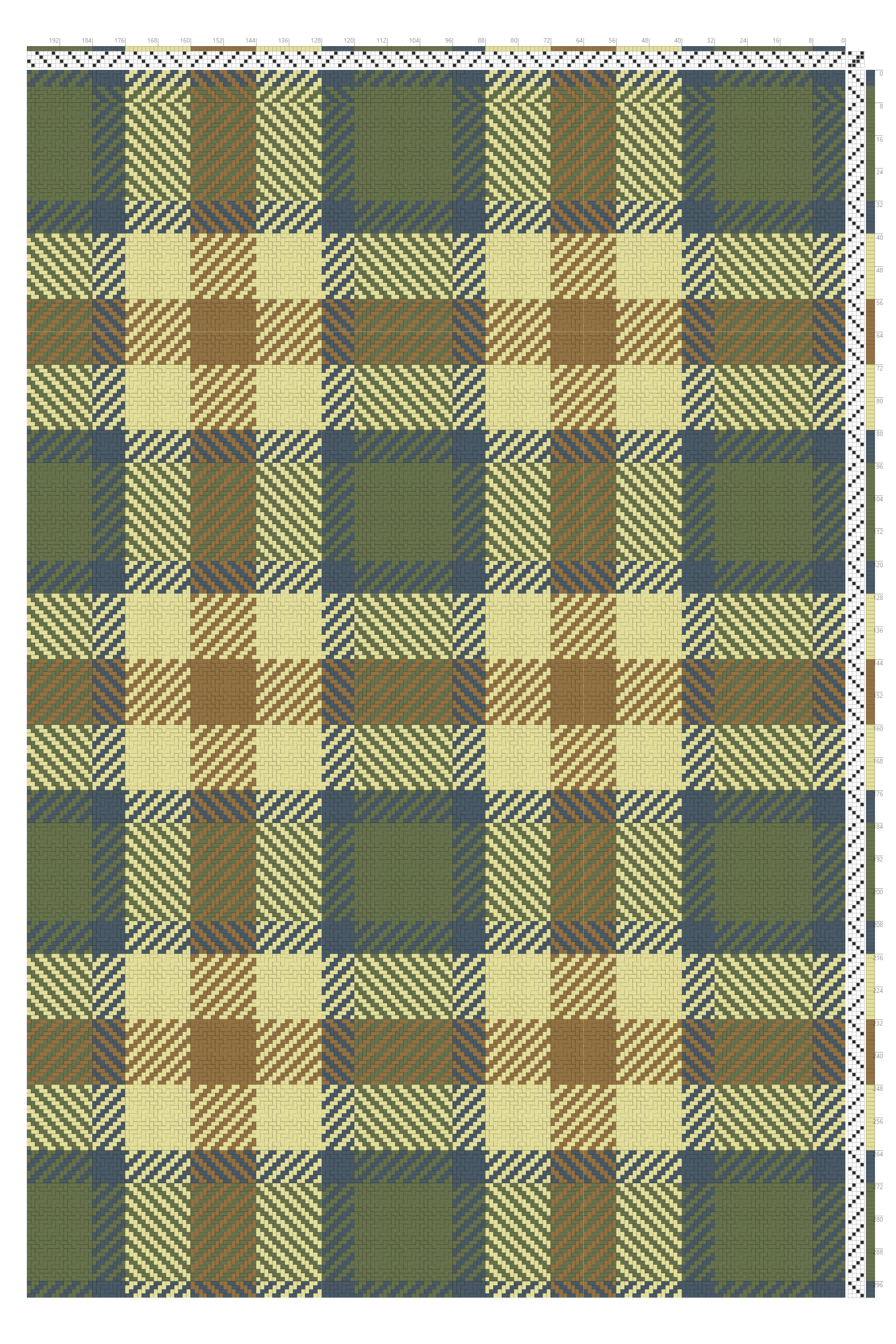 Turned Twill Tartan Weaving Draft in Fern, Slate & Ochre | 4-Shaft 4-Treadle Loom Pattern