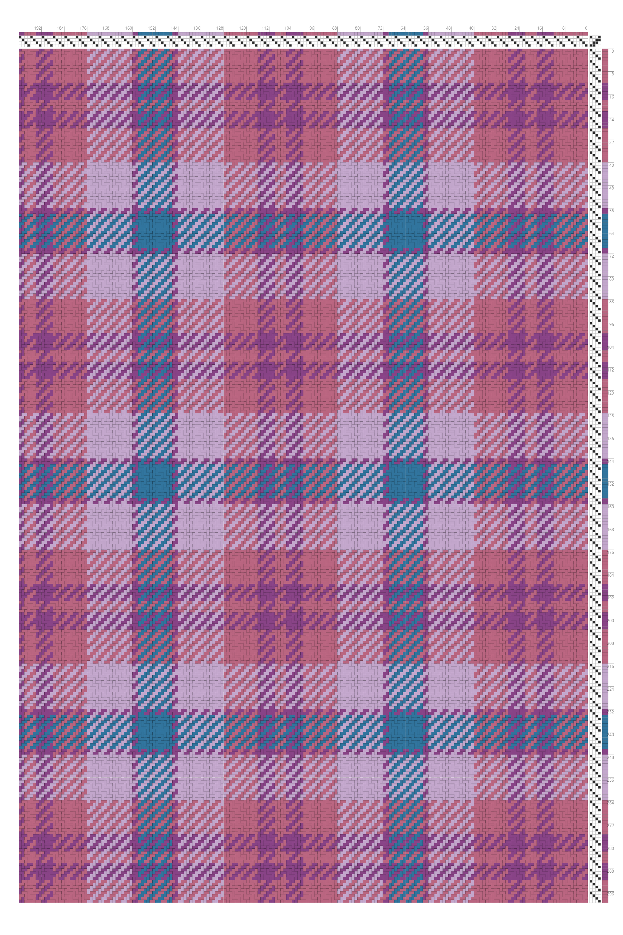 Vivid Tartan Plaid Weaving Draft in Rose, Wisteria & Teal | 4-Shaft 4-Treadle Loom Pattern