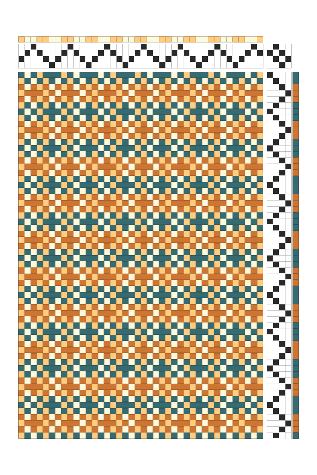 Retro Diagonal Cross Stars Weaving Draft in Teal, Rust & Cream | 4-Shaft Dobby Loom Pattern