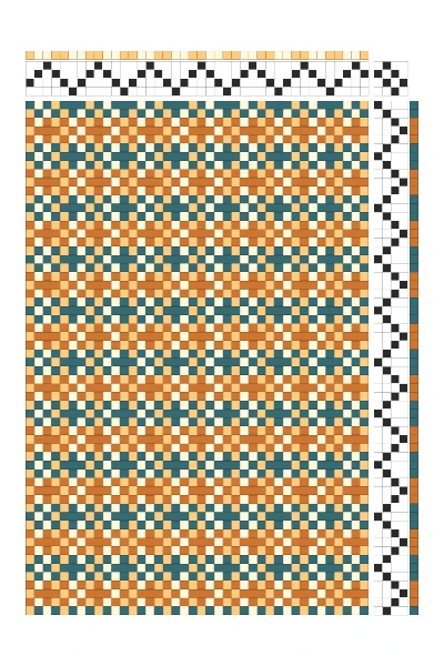 Retro Diagonal Cross Stars Weaving Draft in Teal, Rust & Cream | 4-Shaft Dobby Loom Pattern
