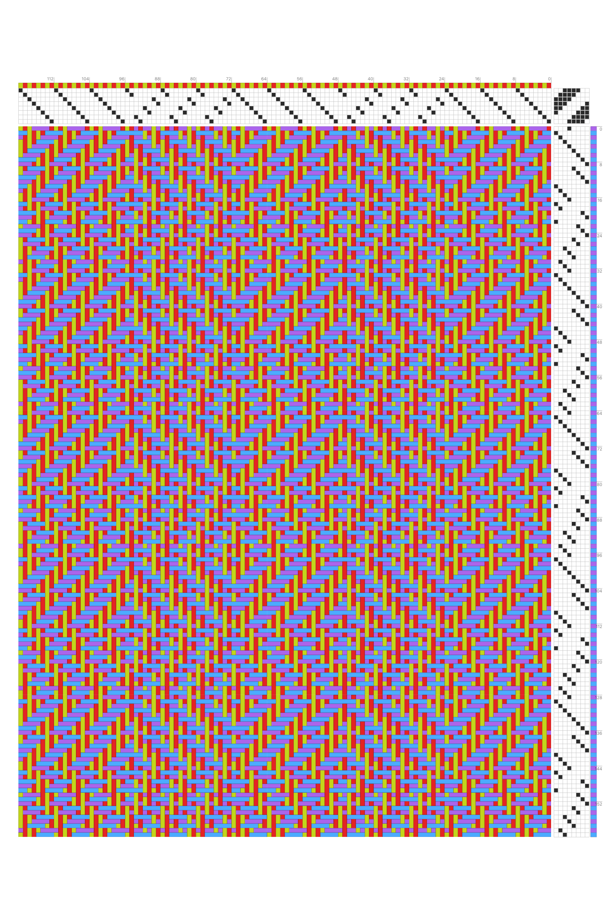 Irregular Diamond Zigzag Twill Weaving Draft in Electric Neons | 8-Shaft 8-Treadle Loom Pattern