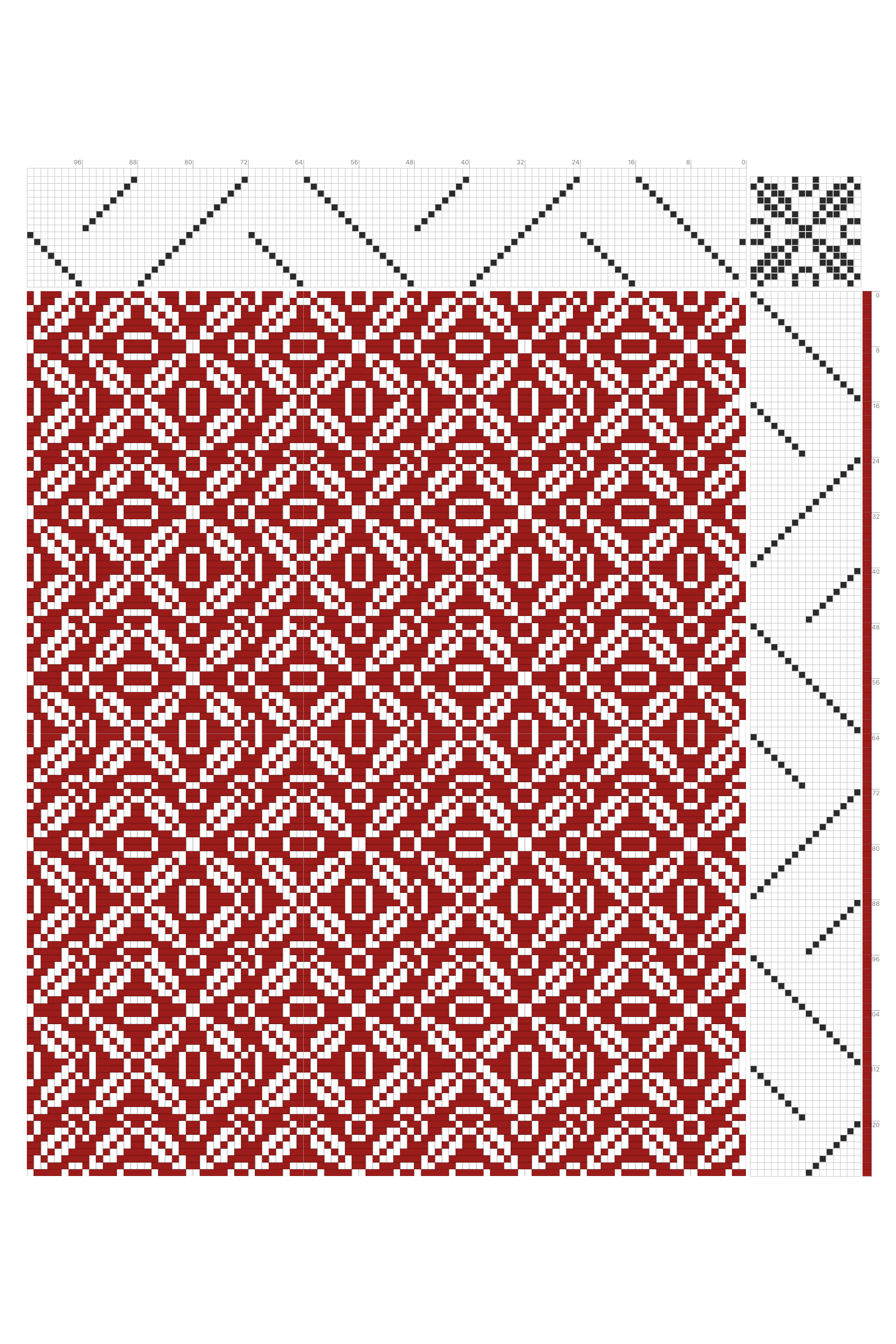 Fractured Cross & Diamond Grid Weaving Draft in Crimson & White | 16-Shaft 16-Treadle Loom Pattern