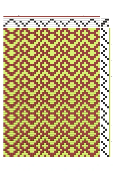 Interlocking Cells Weaving Draft in Brick Red & Chartreuse | 4-Shaft 4-Treadle Dobby Loom Pattern