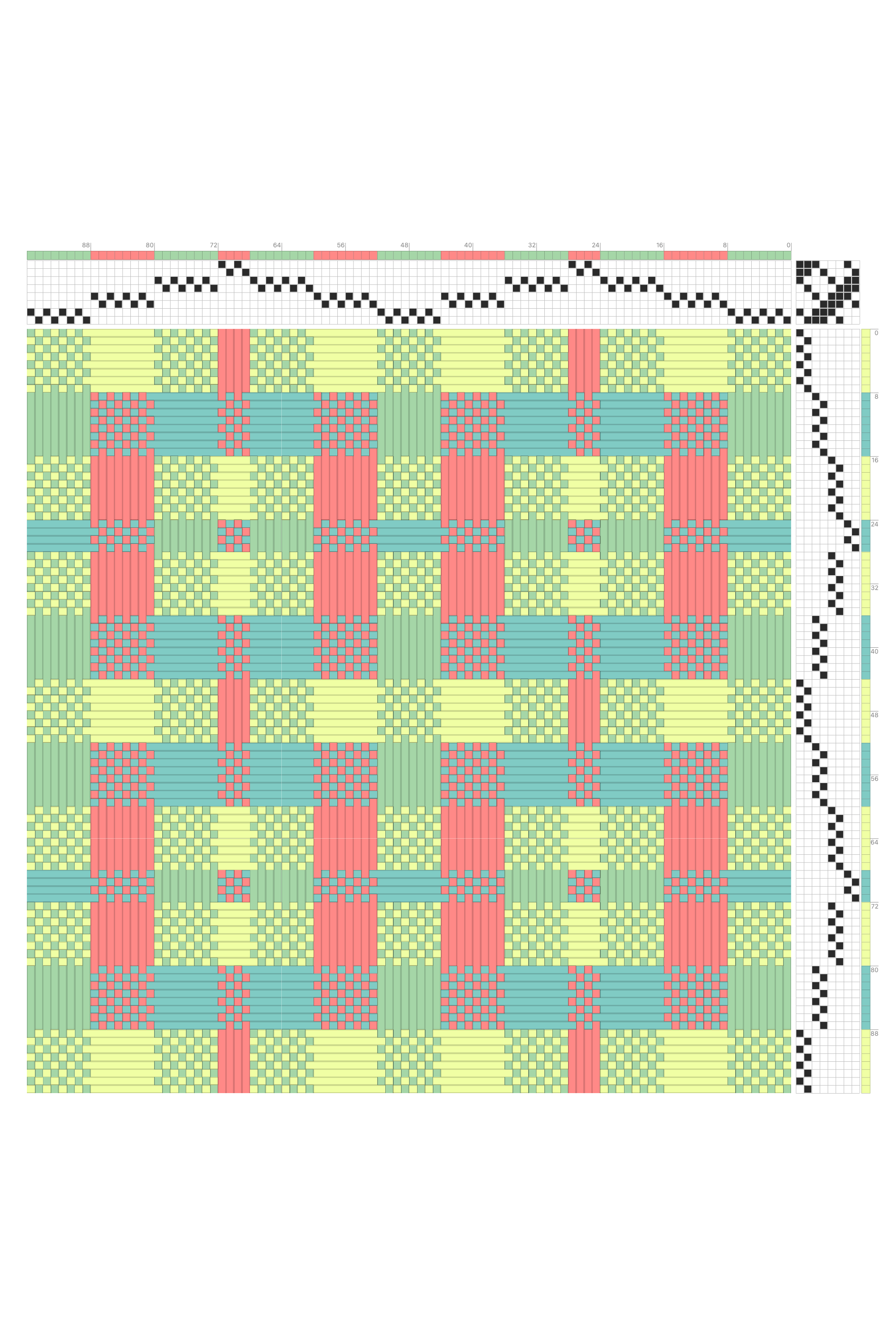 Color Block Plaid Deflected Double Weave Draft in Coral, Mint, & Sky | 8-Shaft 8-Treadle Pattern