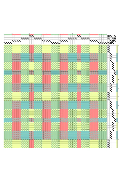 Color Block Plaid Deflected Double Weave Draft in Coral, Mint, & Sky | 8-Shaft 8-Treadle Pattern