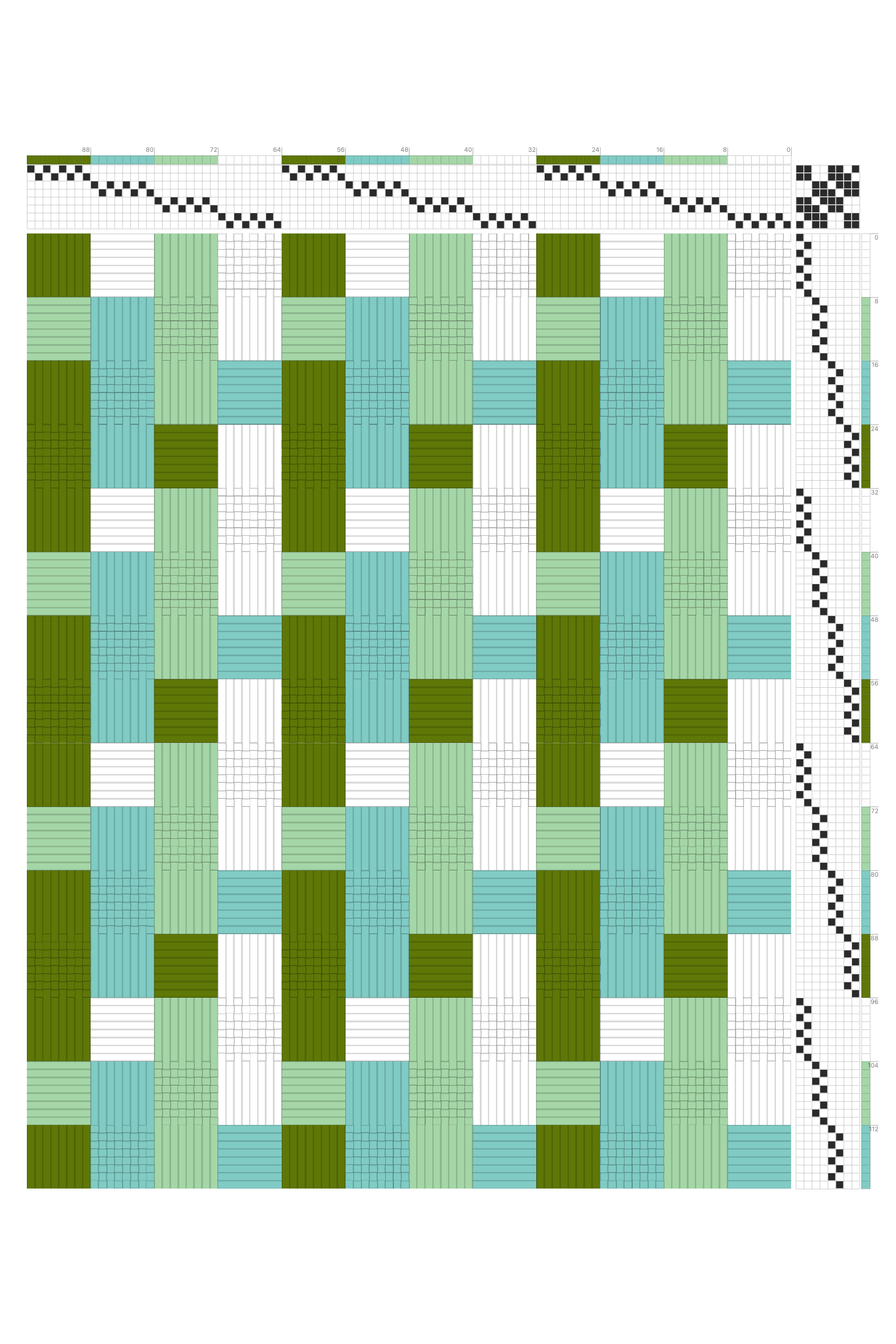 Quad-Layer Deflected Double Weave Draft in Olive, Teal & Mint | 8-Shaft 8-Treadle Loom Pattern