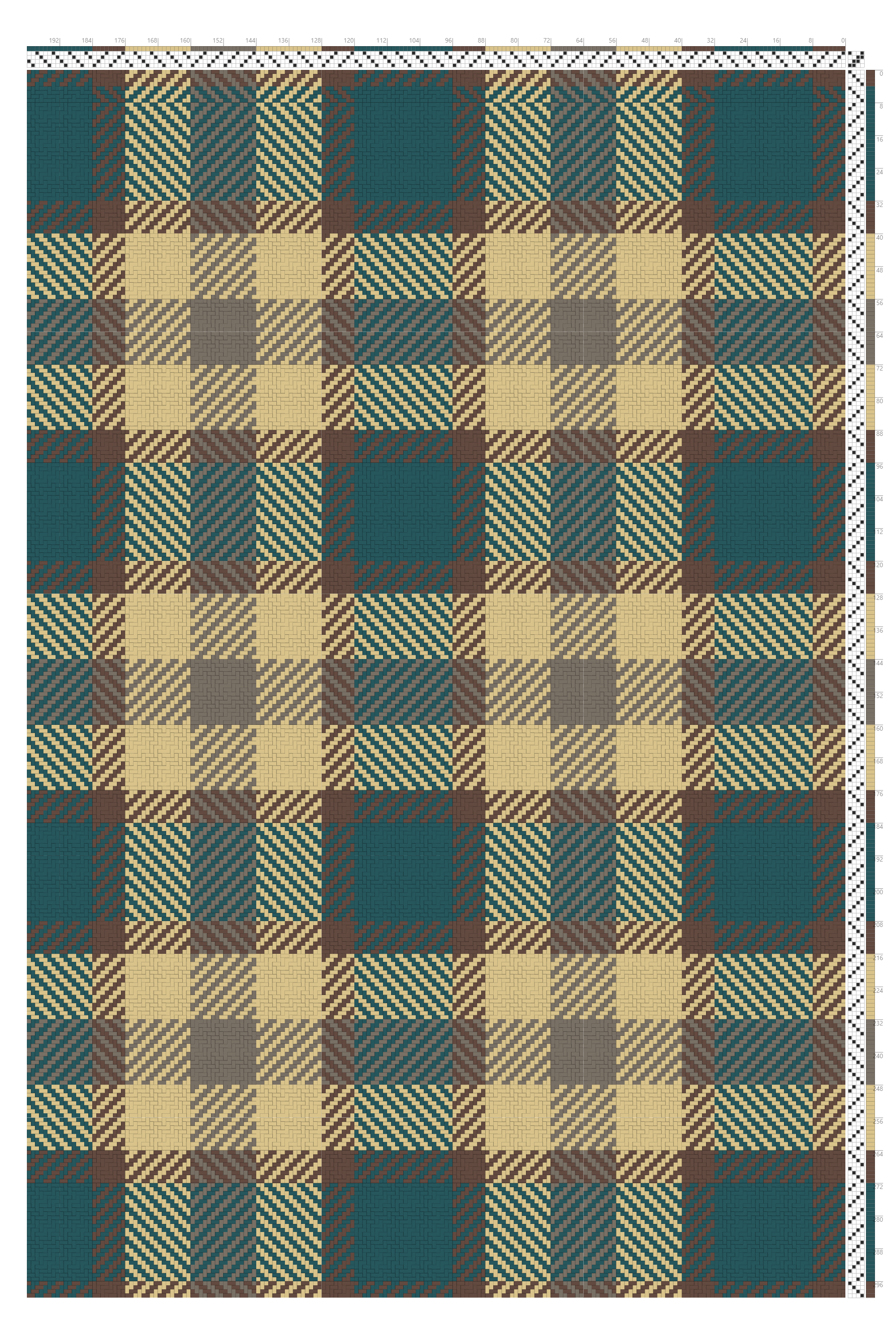 Rustic Tartan Plaid Weaving Draft in Taiga Teal, Wheat & Bark | 4-Shaft 4-Treadle Loom Pattern