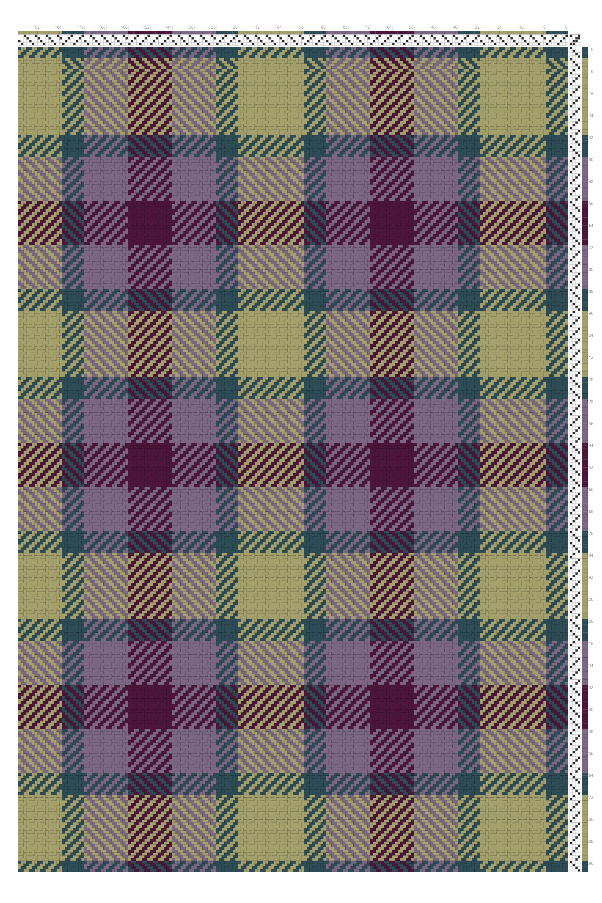 Turned Twill Tartan Weaving Draft in Moss, Teal & Plum | 4-Shaft 4-Treadle Loom Pattern