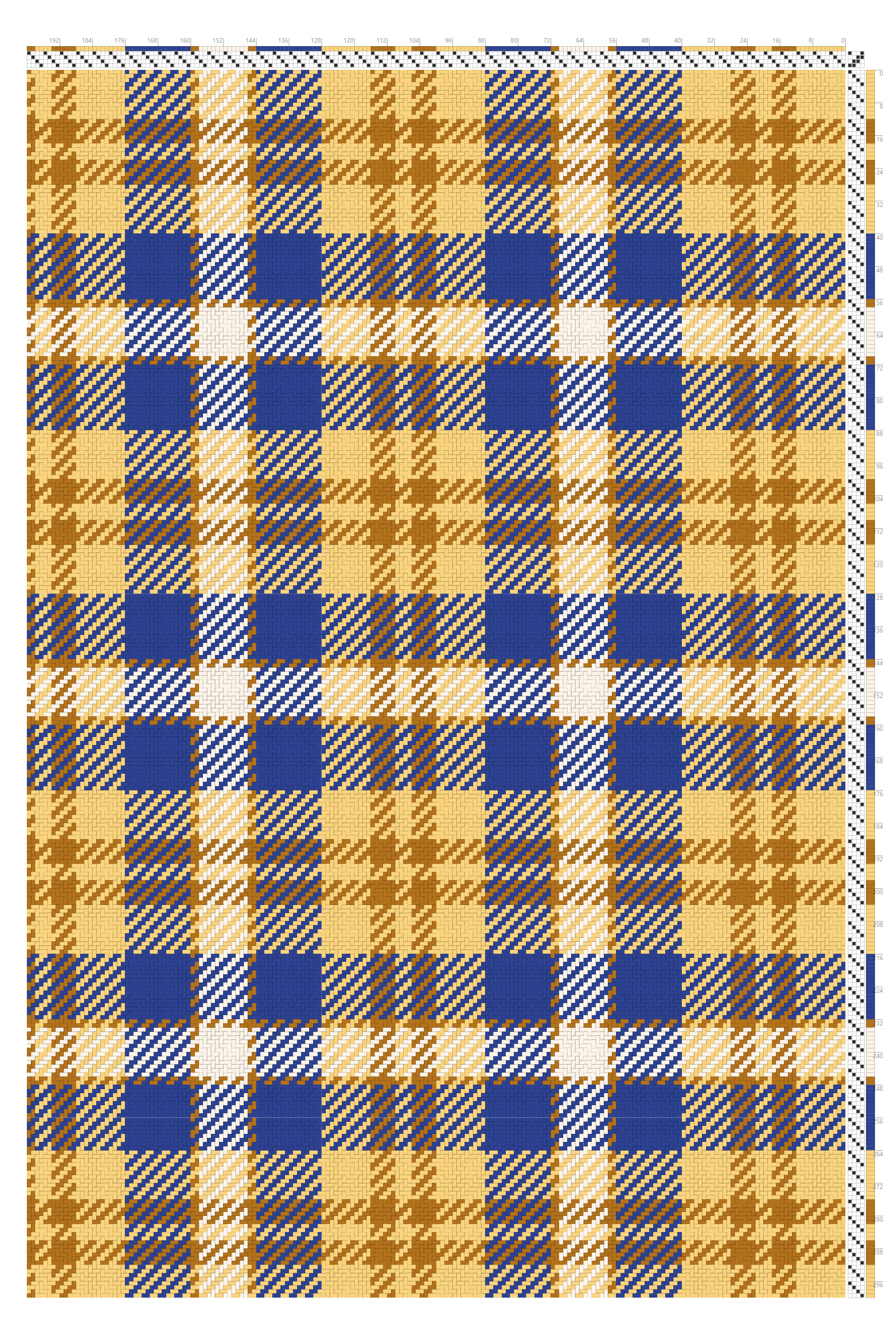 Bold Tartan 2/2 Twill Weaving Draft in Cobalt, Amber, & Paper White | 4-Shaft 4-Treadle Loom Pattern