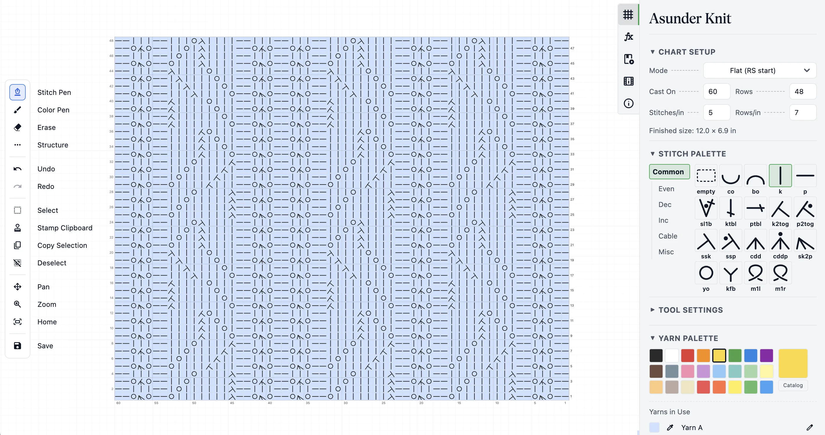The Asunder Knit editor with a lace chart on the canvas, alongside the chart setup, stitch palette, and yarn palette panels