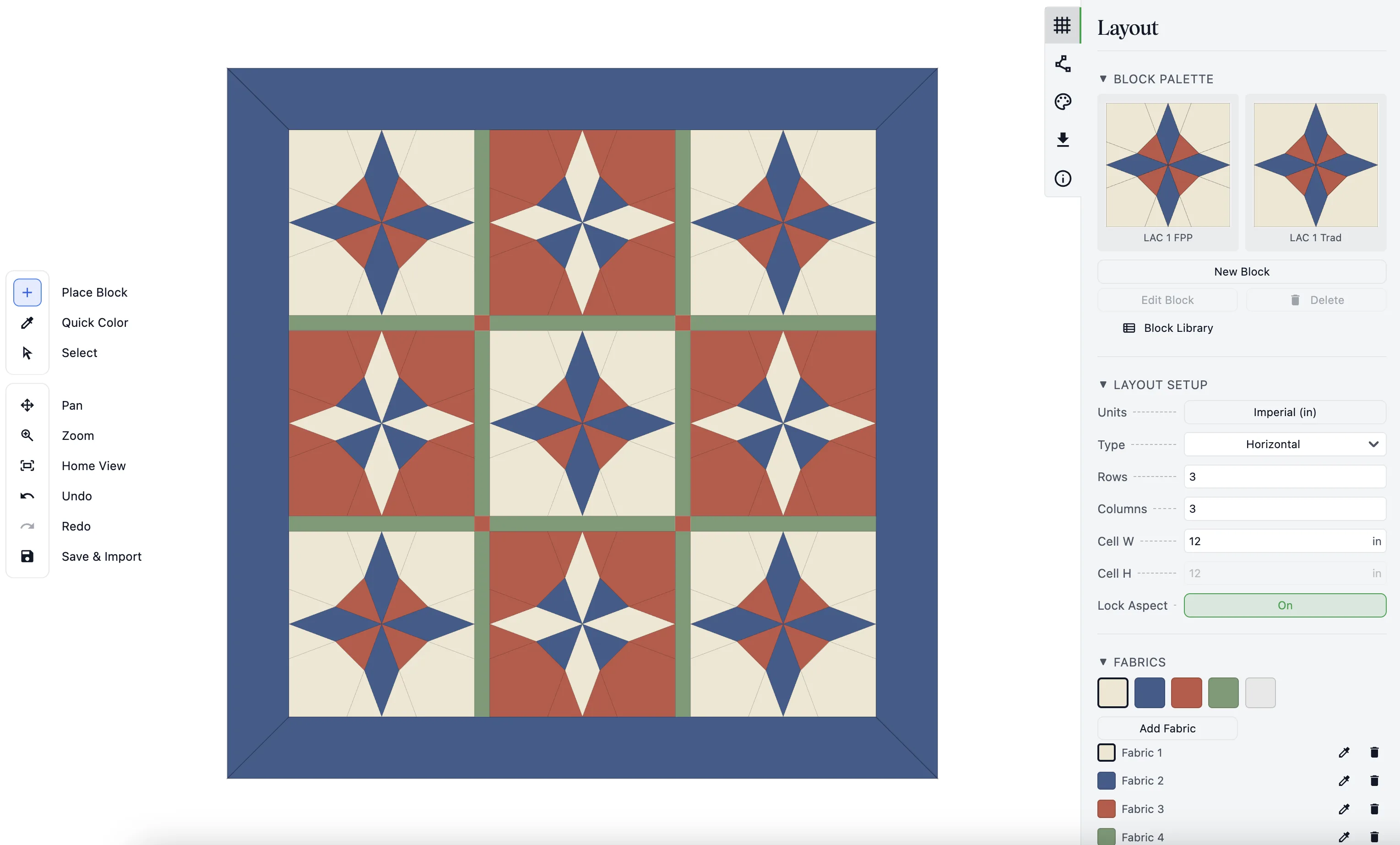 The Asunder Quilt editor with a three-by-three star-block quilt with sashing and a border on the canvas, alongside the block palette, layout setup, and fabric palette panels