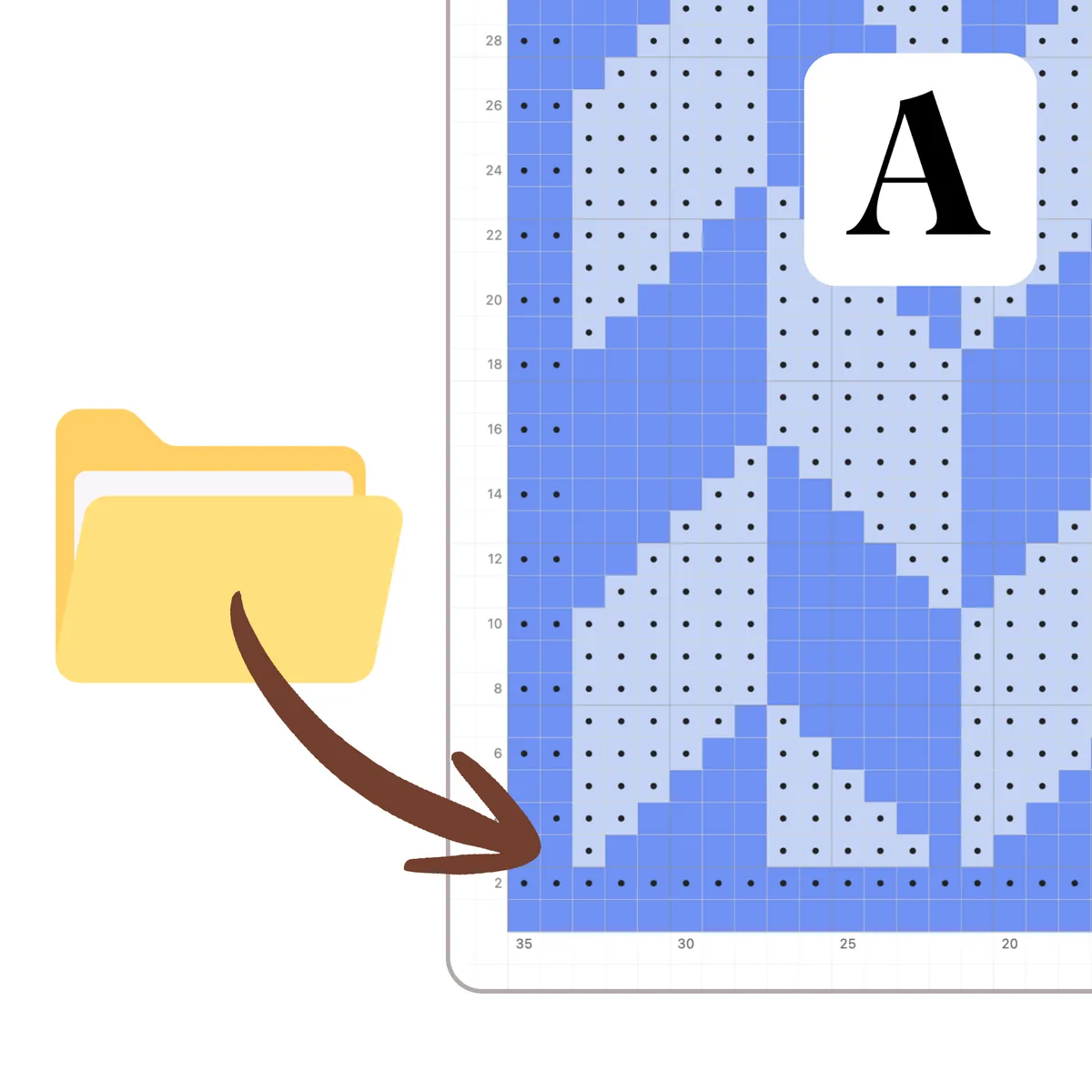Legacy knitting software file migration — a folder moving into an Asunder Knit chart